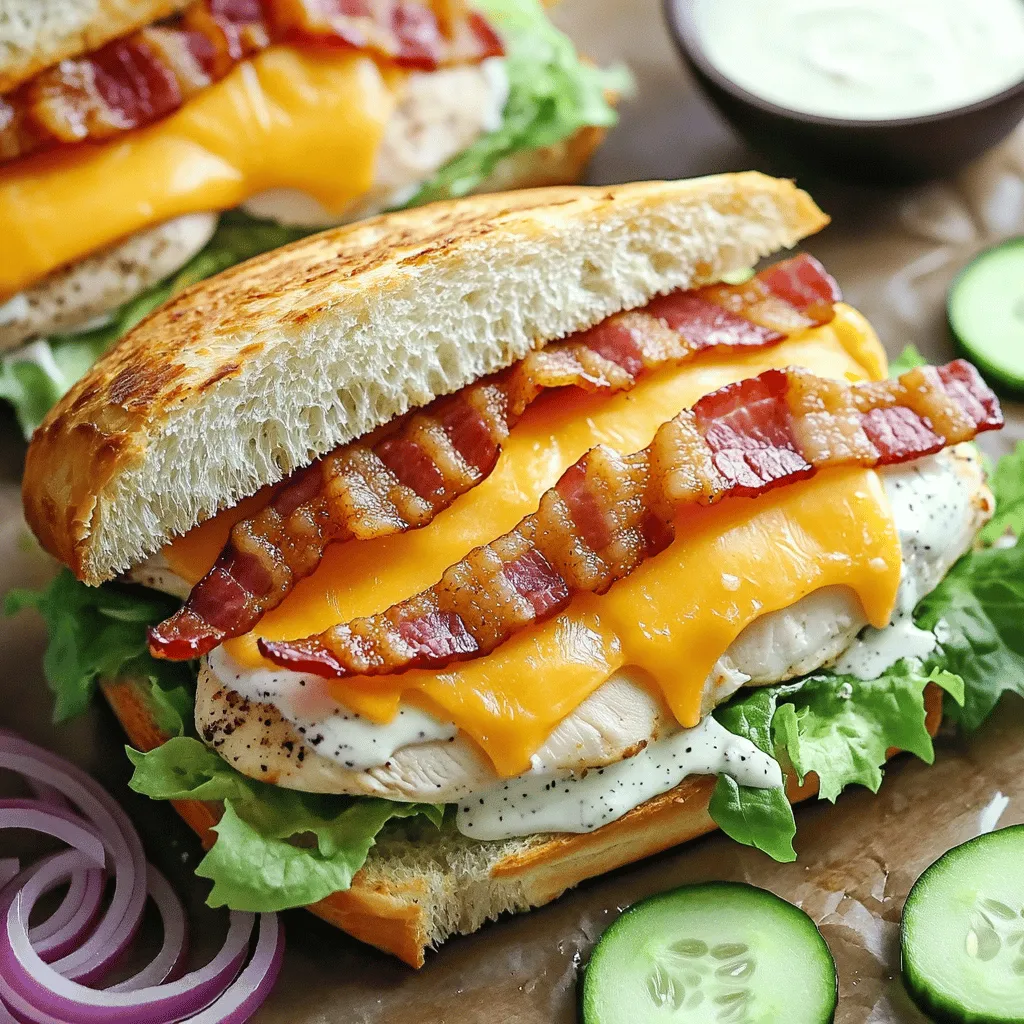 Für das einfache Hühner-Bacon-Ranch-Sandwich brauchst du folgende Zutaten: - 2 Hähnchenbrustfilets (ca. 250 g) - 4 Scheiben Bacon - 4 Scheiben Cheddar-Käse - 4 Sandwichbrötchen (z. B. Ciabatta oder Burger-Buns) - 4 Esslöffel Ranch-Dressing - 1 kleine rote Zwiebel, in Ringe geschnitten - 1 Kopf Römersalat, gewaschen und in Blätter zerrupft - Salz und Pfeffer nach Geschmack - 1 Esslöffel Olivenöl