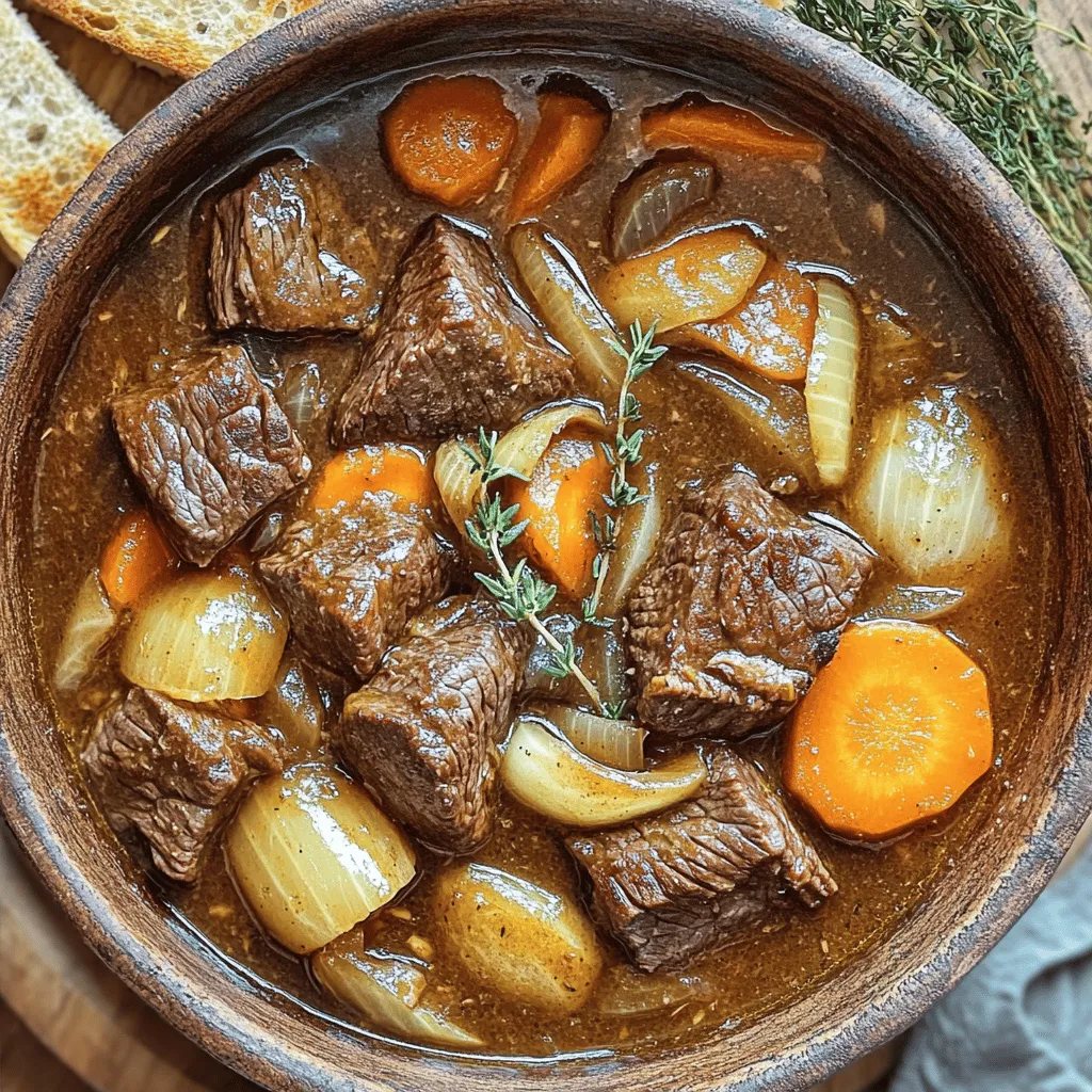 Um ein klassisches Beef Carbonnade Stew zuzubereiten, benötigen Sie einige einfache Zutaten. Die Hauptzutaten für dieses Gericht sind 800 g Rindfleisch, 3 große Zwiebeln, 3 Knoblauchzehen, 4 Karotten und 500 ml Rinderbrühe. Diese Zutaten machen das Gericht herzhaft und schmackhaft.