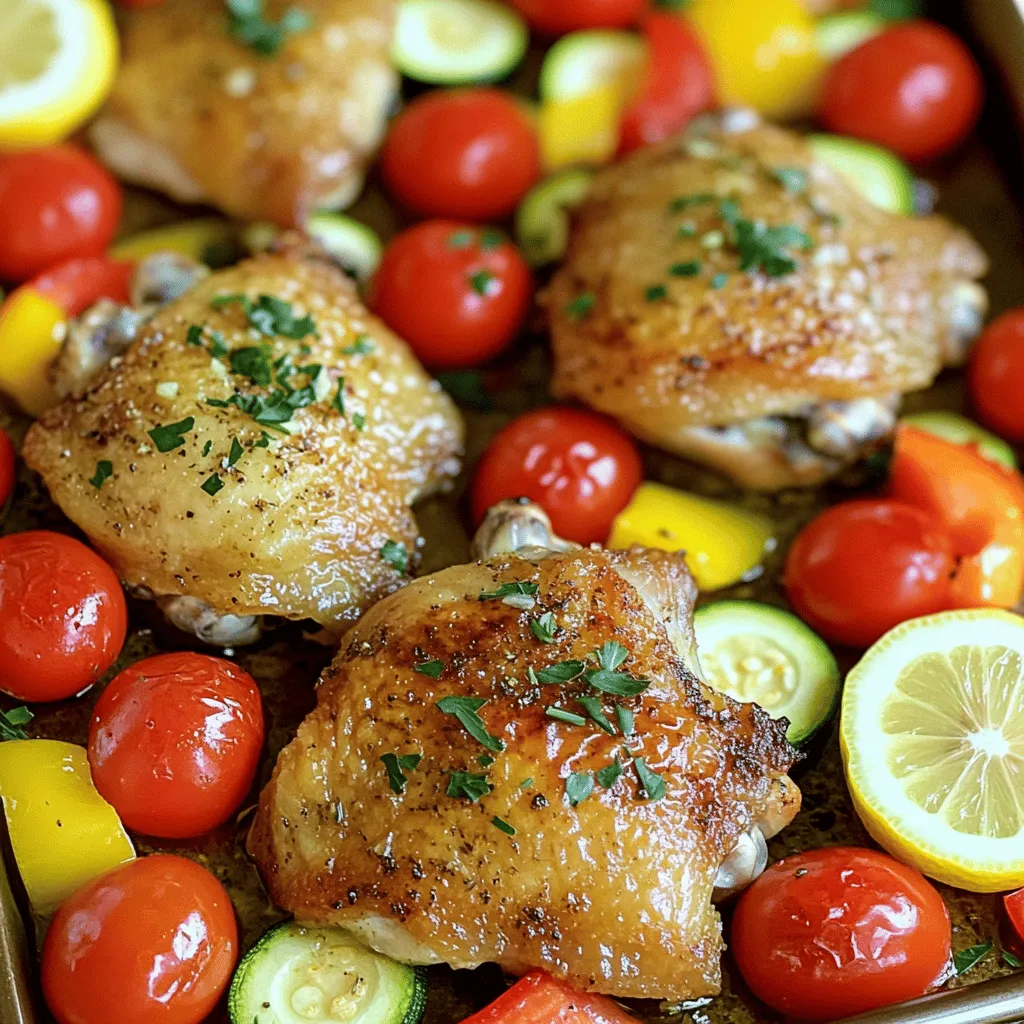 Für das Blechpfannen Hähnchen mit Zitrone und Knoblauch benötigen Sie folgende Zutaten: - 4 Hähnchenschenkel mit Haut und Knochen - 2 Esslöffel Olivenöl - 3 Knoblauchzehen, fein gehackt - 1 Zitrone (Schale und Saft) - 1 Teelöffel getrockneter Oregano - 1 Teelöffel getrockneter Thymian - 1 Teelöffel Paprika - Salz und Pfeffer nach Geschmack - 1 Tasse Cherry-Tomaten, halbiert - 1 rote Paprika, in Streifen geschnitten - 1 gelbe Zucchini, in Scheiben geschnitten - Frischer Petersilie, gehackt (zum Garnieren) Beim Kochen ist die Wahl der frischen Zutaten sehr wichtig. Suchen Sie nach Hähnchenschenkeln, die frisch aussehen und eine rosa Farbe haben. Die Haut sollte glänzend sein. Für das Gemüse wählen Sie lebendige Farben. Die Zucchini sollte fest und ohne Flecken sein. Cherry-Tomaten sollten prall und reif sein. Bei Kräutern achten Sie darauf, dass sie grün und duftend sind. Frische Kräuter machen den Unterschied. Verwenden Sie Petersilie oder Oregano frisch, wenn möglich. Das erhöht den Geschmack Ihres Gerichts.Heizen Sie Ihren Ofen auf 220 °C vor. Das ist wichtig, damit das Hähnchen schön knusprig wird. In einer großen Schüssel mischen Sie 2 Esslöffel Olivenöl, 3 fein gehackte Knoblauchzehen, den Saft und die Schale von 1 Zitrone, 1 Teelöffel Oregano, 1 Teelöffel Thymian, 1 Teelöffel Paprika, Salz und Pfeffer. Diese Marinade gibt dem Hähnchen einen tollen Geschmack. Legen Sie die Hähnchenschenkel in die Schüssel mit der Marinade. Mischen Sie gut, sodass das Hähnchen überall bedeckt ist. Lassen Sie es 15 bis 30 Minuten marinieren. Je länger das Hähnchen mariniert, desto mehr Geschmack nimmt es auf. Sie können auch eine Tüte verwenden. So verteilt sich die Marinade gleichmäßiger. Bereiten Sie das Gemüse vor. Schneiden Sie die rote Paprika in Streifen und die Zucchini in Scheiben. Teilen Sie 1 Tasse Cherry-Tomaten. Legen Sie das Gemüse auf ein großes Blech und träufeln Sie etwas Olivenöl darüber. Würzen Sie es mit Salz und Pfeffer. Mischen Sie alles gut durch. Nach der Marinierzeit legen Sie die Hähnchenschenkel mit der Haut nach oben auf das Gemüse. Jetzt ist alles bereit für den Ofen! Das Blech kommt für 30 bis 35 Minuten in den vorgeheizten Ofen. Achten Sie darauf, dass das Hähnchen eine Innentemperatur von 75 °C erreicht. Nach dem Rösten lassen Sie das Gericht 5 Minuten ruhen. Garnieren Sie es mit frischer Petersilie, um es noch ansprechender zu machen. Für das vollständige Rezept schauen Sie sich die vollständige Anleitung an. Um das Hähnchen perfekt zu garen, ist die Innentemperatur sehr wichtig. Nutzen Sie ein Fleischthermometer. Die ideale Temperatur liegt bei 75 °C (165 °F). So bleibt das Hähnchen saftig und zart. Achten Sie auch auf die Haut. Sie sollte knusprig und goldbraun sein. Ein guter Trick ist, die Haut vor dem Braten leicht mit Öl zu bestreichen. Dies hilft dabei, die Knusprigkeit zu fördern. Variieren Sie die Gewürze nach Ihrem Geschmack. Fügen Sie mehr Knoblauch hinzu, wenn Sie es mögen. Oder probieren Sie frische Kräuter wie Basilikum oder Rosmarin. Sie können auch mit verschiedenen Zitrusfrüchten experimentieren. Limetten oder Orangen verleihen neue Frische. Denken Sie daran: weniger ist manchmal mehr. Die Präsentation macht einen großen Unterschied. Servieren Sie das Hähnchen direkt auf dem Blech für einen rustikalen Look. Für mehr Eleganz richten Sie es auf einem großen Teller an. Garnieren Sie das Gericht mit frischen Zitronenscheiben. Das sieht nicht nur gut aus, sondern bringt auch frischen Geschmack. Wenn Sie möchten, fügen Sie frische Kräuter hinzu. Das gibt eine schöne Farbe und macht das Gericht noch einladender.{{image_4}} Wenn Sie eine vegetarische Variante wünschen, können Sie das Hähnchen durch Tofu ersetzen. Tofu hat eine schwammige Textur. Er nimmt die Aromen gut auf. Marinieren Sie den Tofu genauso wie das Hähnchen. Eine andere Option sind Kichererbsen. Sie bieten einen nussigen Geschmack und viel Protein. So wird das Gericht gesünder und bleibt dennoch schmackhaft. Saisonales Gemüse bringt frische Aromen. Fügen Sie Karotten oder grüne Bohnen hinzu. Sie passen gut zu Zitronen- und Knoblauchgeschmack. Auch Süßkartoffeln sind eine tolle Wahl. Sie bringen Süße und Farbe ins Gericht. Denken Sie an Zucchini oder Brokkoli. Sie sind leicht verfügbar und machen das Essen bunt und gesund. Um das Gericht spannend zu machen, probieren Sie verschiedene Gewürze. Fügen Sie italienische Kräuter wie Basilikum hinzu. Für eine asiatische Note verwenden Sie Sojasauce und Ingwer. Wenn Sie etwas Schärfe mögen, geben Sie Chili oder Paprika dazu. Diese Variationen bringen neue Geschmäcker. Experimentieren Sie mit verschiedenen Kräutern für ein einzigartiges Erlebnis. Finden Sie Ihre Lieblingskombination!Lagern Sie Reste von Blechpfannen Hähnchen mit Zitrone und Knoblauch im Kühlschrank. Nutzen Sie einen luftdichten Behälter. So bleibt das Hähnchen frisch. Stellen Sie sicher, dass es gut abgekühlt ist, bevor Sie es einpacken. Es hält sich bis zu drei Tage. Die beste Methode, um das Gericht aufzuwärmen, ist im Ofen. Heizen Sie den Ofen auf 180 °C (350 °F) vor. Legen Sie das Hähnchen auf ein Backblech und decken Sie es mit Folie ab. So bleibt es saftig. Erwärmen Sie das Hähnchen etwa 15-20 Minuten. Prüfen Sie die Temperatur, sie sollte 75 °C (165 °F) erreichen. Um das Blechpfannen Hähnchen für längere Lagerung einzufrieren, lassen Sie es zuerst abkühlen. Teilen Sie es in Portionen auf und verwenden Sie gefriergeeignete Beutel. Entfernen Sie so viel Luft wie möglich. So bleibt der Geschmack erhalten. Das Hähnchen kann bis zu drei Monate eingefroren werden. Zum Auftauen lassen Sie es im Kühlschrank über Nacht. Ich empfehle, das Hähnchen 15 bis 30 Minuten marinieren zu lassen. Diese Zeit reicht aus, um den Geschmack zu intensivieren. Wenn Sie mehr Zeit haben, können Sie das Hähnchen auch länger marinieren. Einige Köche lassen es über Nacht im Kühlschrank. So wird das Fleisch noch zarter und geschmackvoller. Denken Sie daran, dass eine längere Marinierzeit den Geschmack verstärkt, aber nicht unbedingt besser ist. Ja, Sie können die Zutaten anpassen. Zum Beispiel können Sie das Hähnchen durch Putenbrust oder Tofu ersetzen, wenn Sie eine vegetarische Option wünschen. Auch die Gemüseauswahl lässt sich leicht ändern. Statt Zucchini können Sie Auberginen oder Brokkoli verwenden. Experimentieren Sie mit verschiedenen Kräutern wie Basilikum oder Rosmarin. So machen Sie Ihr Gericht einzigartig. Um sicherzustellen, dass das Hähnchen gar ist, verwenden Sie ein Fleischthermometer. Die Innentemperatur sollte 75 °C (165 °F) erreichen. Eine andere Methode ist, die Haut anzusehen. Sie sollte goldbraun und knusprig sein. Wenn der Saft klar ist und kein rosa Fleisch mehr zu sehen ist, ist das Hähnchen fertig. Lassen Sie es nach dem Garen kurz ruhen, damit die Säfte sich setzen. Das Rezept für Hähnchenschenkel bietet vielschichtige und spannende Optionen. Mit frischen Zutaten schaffen Sie leckere Aromen. Das Marinieren und Anrichten sind einfach und machen das Gericht besonders. Nutzen Sie die Tipps für perfekte Garzeiten und kreative Variationen. So gelingt jeder Wochentag zu einem besonderen Dinner. Experimentieren Sie mit Gewürzen und Gemüse, um Ihr eigenes Lieblingsgericht zu kreieren. Denken Sie daran, Reste richtig zu lagern, um den Genuss zu verlängern. Bereiten Sie sich vor, neue Geschmackserlebnisse zu entdecken!