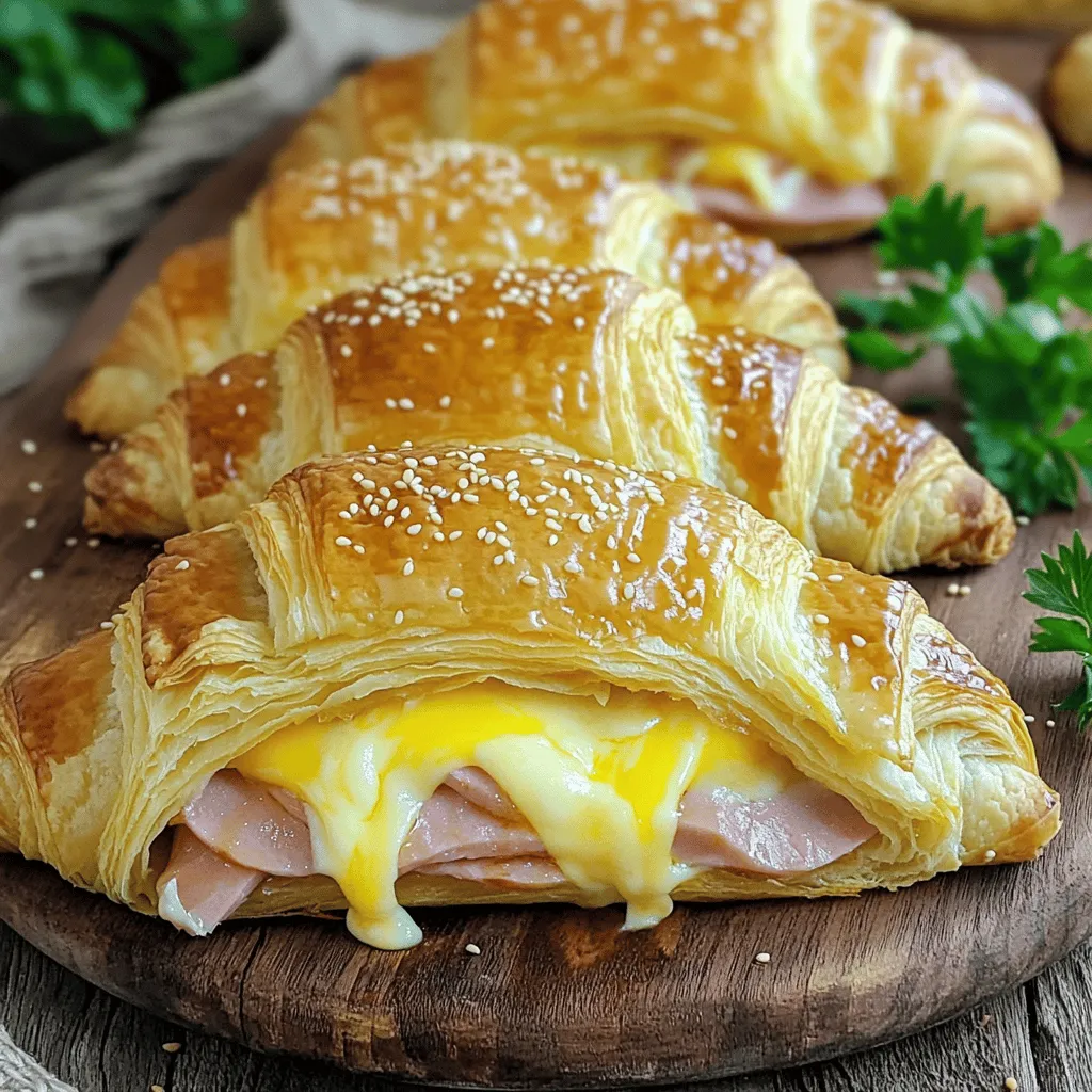 Für die herzhafte gebackene Schinken-Käse-Croissants benötigst du folgende Zutaten: - 4 große Croissant-Teige (frisch oder aufgetaut) - 200 g Kochschinken, dünn geschnitten - 200 g Käse (z.B. Emmentaler oder Gouda), in Scheiben oder gerieben - 2 Eier - 50 ml Milch - 1 Teelöffel Senf (vorzugsweise Dijon) - Salz und Pfeffer nach Geschmack - 1 Eigelb (zum Bestreichen) - Sesam oder Mohn (optional, zum Bestreuen)