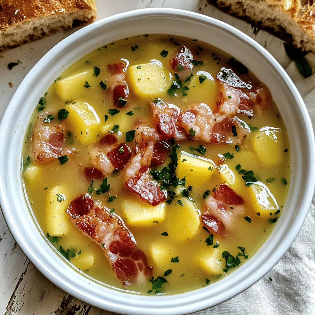 Die Hauptzutaten für diese Suppe sind einfach und lecker. Sie benötigen 200 g rauchiges Irish Bacon, gewürfelt. Das gibt der Suppe einen tollen Geschmack. Dann nehmen Sie eine mittelgroße Zwiebel und zwei Knoblauchzehen. Diese sorgen für eine gute Basis.