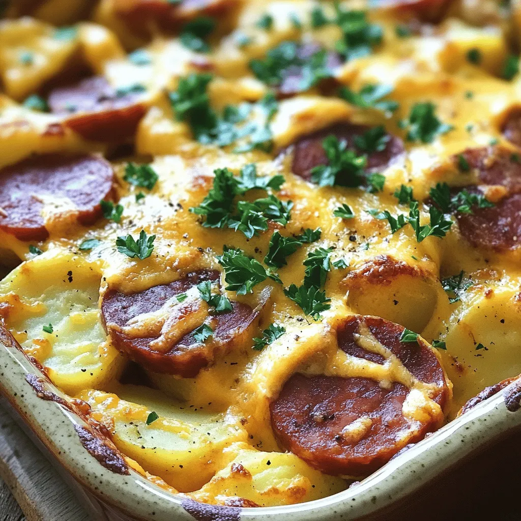 - 500 g geräucherte Kielbasa, in Scheiben geschnitten - 800 g festkochende Kartoffeln, geschält und gewürfelt - 200 g geriebener Käse (z. B. Cheddar und Gouda gemischt)