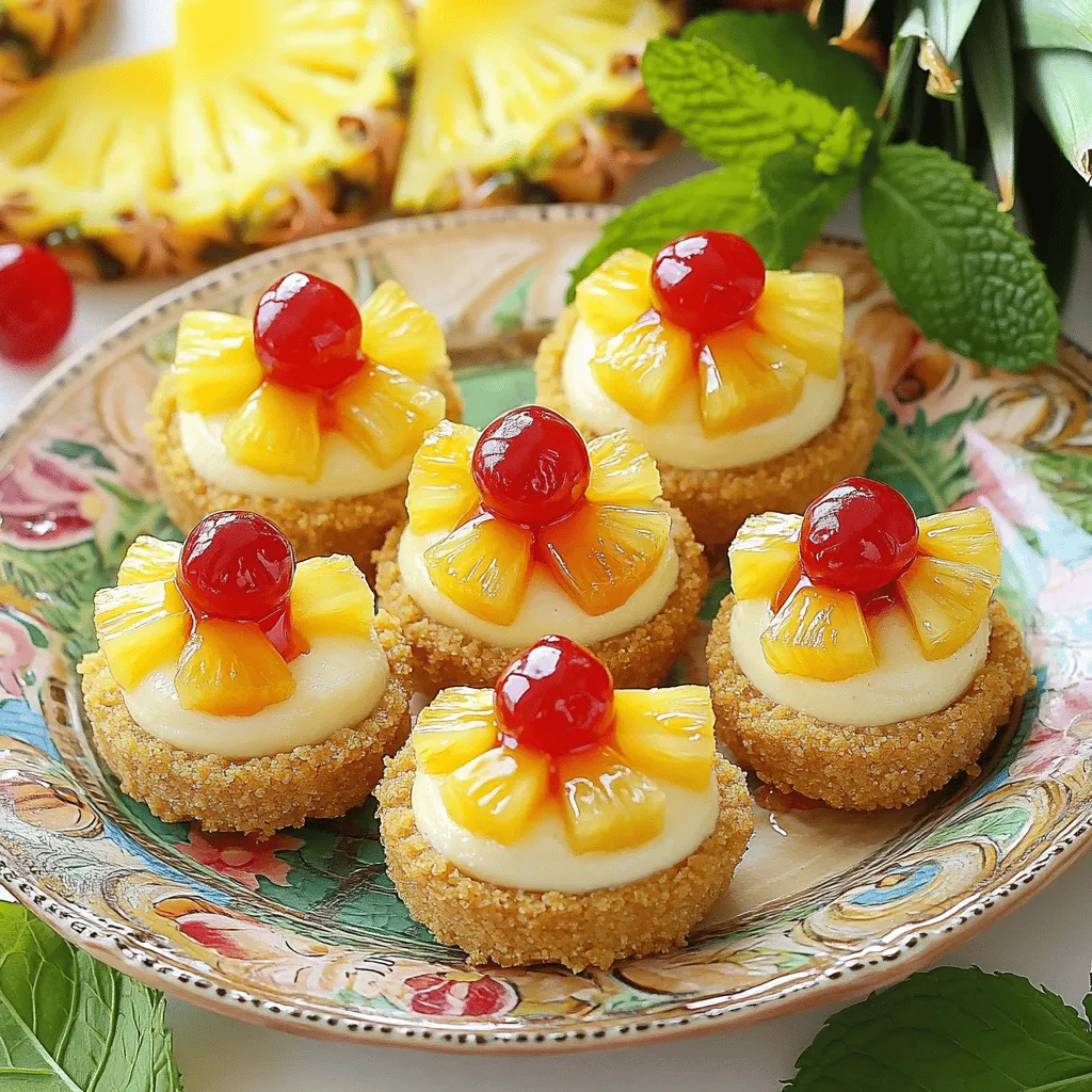 - 1 Tasse zerdrückte Graham-Cracker - 1/2 Tasse ungesalzene Butter, geschmolzen - 2 Tassen Frischkäse, weich - 1/2 Tasse Puderzucker - 1 Teelöffel Vanilleextrakt - 1/4 Tasse Sauerrahm - 1 Dose Ananasscheiben, abgetropft und gehackt - 1/4 Tasse brauner Zucker - Maraschino-Kirschen zur Garnitur