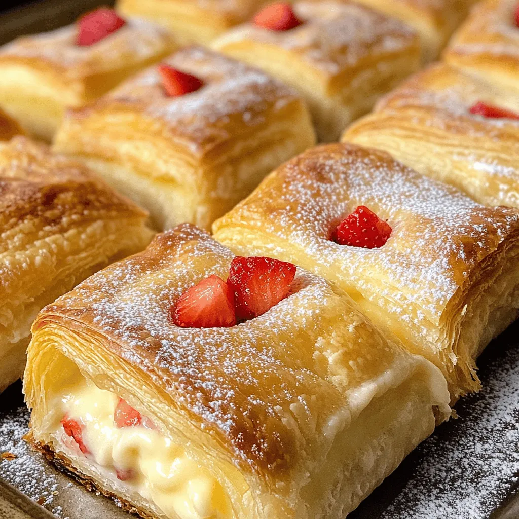 - 1 Päckchen Blätterteig (375g) - 200g Frischkäse, weich - 100g Zucker - 200g frische Erdbeeren, gehackt