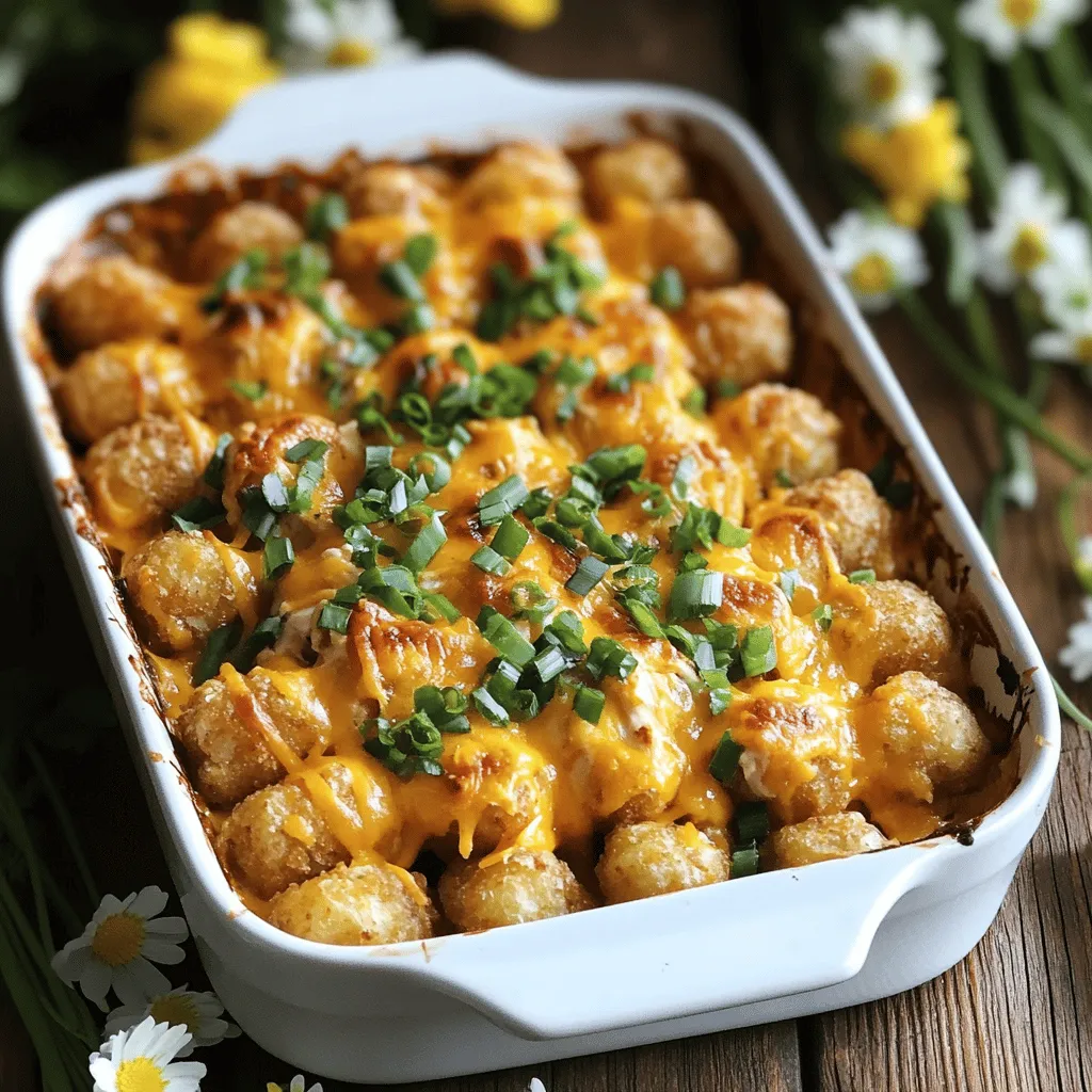 Um einen Cracked Out Chicken Tater Tot Casserole zuzubereiten, benötigst du einige einfache Zutaten. Du brauchst 500 g Hähnchenbrust, die bereits gekocht und zerkleinert ist. Füge 450 g gefrorene Tater Tots, 200 g geriebenen Cheddar-Käse und 150 g knusprig gebratenen Speck hinzu. Die saure Sahne, ein Päckchen Ranch-Dressing-Mix und zwei geschnittene Frühlingszwiebeln sind ebenfalls wichtig. Vergiss nicht, Salz und Pfeffer für den Geschmack zu benutzen.