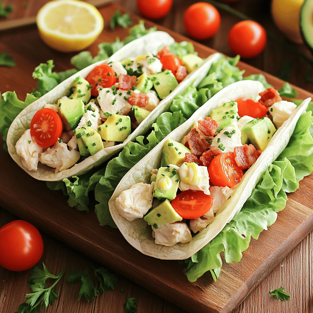 - 2 Hähnchenbrustfilets, gekocht und gewürfelt - 4 große Blätter Kopfsalat oder Römersalat - 1 reife Avocado, gewürfelt - 4 Scheiben knuspriger Bacon, zerbröselt - 1 mittelgroße Tomate, gewürfelt