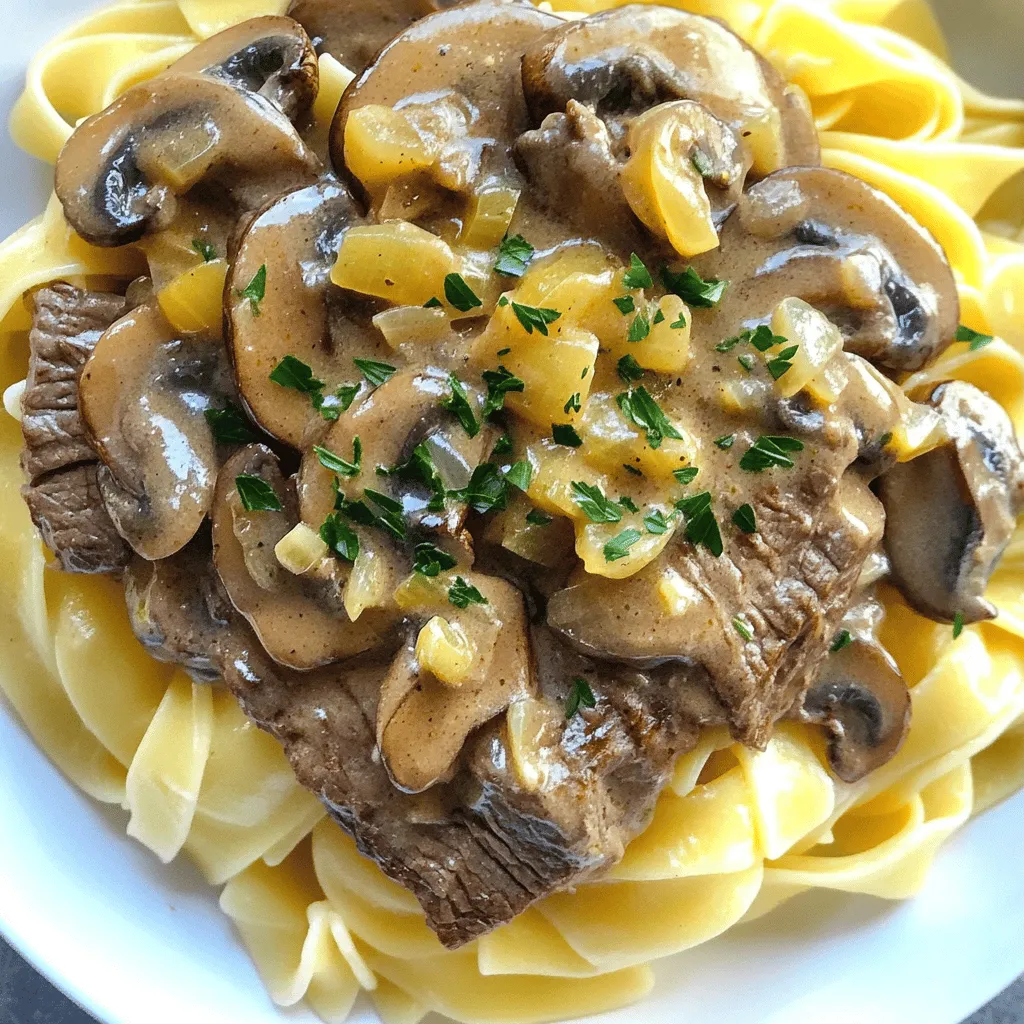 Für ein köstliches Gericht benötigst du folgende Zutaten: - 450 g Rinderfilet, in dünne Streifen geschnitten - 2 Esslöffel Mehl - 2 Esslöffel Olivenöl - 1 mittelgroße Zwiebel, fein gewürfelt - 3 Knoblauchzehen, fein gehackt - 230 g Champignons, in Scheiben geschnitten - 1 Teelöffel Dijon-Senf - 240 ml Rinderbrühe - 240 ml saure Sahne - 1 Esslöffel Worcestershire-Sauce - Salz und Pfeffer nach Geschmack - Frische Petersilie, gehackt (zum Garnieren) - Gekochte Eiernudeln, zum Servieren Jede dieser Zutaten spielt eine wichtige Rolle in diesem Rezept. Das Rinderfilet gibt dem Gericht seinen herzhaften Geschmack. Die saure Sahne sorgt für die cremige Textur. Die Champignons bringen ein feines Aroma und die Zwiebeln und der Knoblauch fügen Tiefe hinzu. Wenn du spezielle diätetische Bedürfnisse hast, gibt es viele Alternativen. Du kannst das Rinderfilet durch Hähnchen oder Tofu ersetzen. Für eine glutenfreie Option benutze glutenfreies Mehl. Wenn du auf Milchprodukte verzichtest, probiere pflanzliche Sahne. Diese Anpassungen machen das Rezept für jeden zugänglich. Frische Zutaten sind der Schlüssel zu gutem Essen. Achte darauf, dass das Rinderfilet eine rote Farbe hat und nicht schleimig ist. Die Zwiebeln sollten fest und glänzend sein. Wähle Champignons, die fest und trocken sind. Diese frischen Zutaten machen deinen Stroganoff besonders lecker und aromatisch. Für das vollständige Rezept, schau dir das vollständige Rezept an. Beginne mit dem Rindfleisch. Schneide es in dünne Streifen. Das sorgt für eine zarte Textur. Mische das Fleisch in einer Schüssel mit Mehl, Salz und Pfeffer. Achte darauf, dass alle Stücke gut bedeckt sind. Das Mehl hilft, die Soße später zu binden. Jetzt ist es Zeit für das Gemüse. Würfle die Zwiebel fein und hacke den Knoblauch. Schneide die Champignons in Scheiben. Bereite alles vor, damit du schnell arbeiten kannst. Erhitze Olivenöl in einer großen Pfanne. Die Hitze sollte mittel bis hoch sein. Füge das Rindfleisch hinzu und brate es 2-3 Minuten lang an. Das Fleisch sollte schön braun werden. Nimm es dann aus der Pfanne und lege es beiseite. Im gleichen Öl brate die Zwiebel für 3-4 Minuten. Sie sollte glasig werden. Danach kommen der Knoblauch und die Champignons dazu. Brate alles, bis die Pilze goldbraun sind. Das dauert etwa 5 Minuten. Rühre den Dijon-Senf ein und koche eine weitere Minute. Gieße dann die Rinderbrühe langsam hinein und rühre gut um. Lass die Mischung zum Simmern kommen. Jetzt kommt das gebräunte Rindfleisch zurück in die Pfanne. Füge die Worcestershire-Sauce hinzu und lasse alles 5-7 Minuten köcheln. Die Aromen sollten sich gut vermischen. Reduziere die Hitze auf niedrig. Rühre die saure Sahne gleichmäßig ein. So entsteht eine cremige Soße. Schmecke nach Belieben mit Salz und Pfeffer ab. Serviere das Gericht auf gekochten Eiernudeln. Garniere es mit frisch gehackter Petersilie. So wird dein Beef Stroganoff nicht nur lecker, sondern auch schön anzusehen.Wählen Sie immer frisches Rindfleisch. Achten Sie auf eine tiefrote Farbe. Das Fleisch sollte fest sein und gut riechen. Rinderfilet ist die beste Wahl für Stroganoff. Es bleibt zart und saftig. Sie können auch Rinderhüfte verwenden. Sie ist etwas günstiger, aber ebenfalls lecker. Fragen Sie beim Metzger nach dem besten Stück. Ein guter Metzger gibt Ihnen gern Tipps. Um Ihren Stroganoff besonders cremig zu machen, verwenden Sie saure Sahne von hoher Qualität. Sie bringt den besten Geschmack. Fügen Sie die saure Sahne am Ende hinzu, wenn die Hitze niedrig ist. So bleibt sie glatt und verleiht dem Gericht eine tolle Konsistenz. Sie können auch etwas Frischkäse einrühren, um die Cremigkeit zu erhöhen. Denken Sie daran, die Sauce gut zu rühren, damit alles gut vermischt ist. Einer der häufigsten Fehler ist, das Fleisch zu lange zu garen. Es sollte nur kurz angebraten werden, damit es zart bleibt. Ein anderer Fehler ist, die saure Sahne zu früh hinzuzufügen. Dadurch kann sie gerinnen. Achten Sie darauf, dass die Zwiebeln und Pilze nicht zu lange braten. Sie sollten noch etwas Biss haben, wenn Sie sie servieren. Überprüfen Sie die Gewürze am Ende des Kochens. So stellen Sie sicher, dass alles perfekt schmeckt.{{image_4}} Rinder-Stroganoff lässt sich leicht in eine vegetarische Version umwandeln. Statt Rindfleisch nutzen Sie einfach Pilze. Champignons oder Portobello sind perfekte Alternativen. Diese Pilze haben eine fleischige Textur und einen tollen Geschmack. Sie können auch Tofu verwenden, um das Gericht proteinreich zu gestalten. Marinieren Sie den Tofu vorher, damit er mehr Geschmack aufnimmt. Die Gewürze machen den Unterschied. Fügen Sie Paprika oder Thymian hinzu, um mehr Tiefe zu schaffen. Ein Hauch von Kreuzkümmel kann das Gericht auch interessanter machen. Experimentieren Sie mit Kräutern wie Oregano oder Rosmarin. Diese geben dem Stroganoff ein neues Aroma. Ein paar Spritzer Zitronensaft am Ende bringen Frische ins Gericht. Traditionell wird Stroganoff mit Eiernudeln serviert. Aber es gibt viele Alternativen. Probieren Sie Quinoa oder Reis für eine gesündere Option. Gebratene Kartoffeln oder Polenta passen ebenfalls gut. Wenn Sie Gemüse mögen, servieren Sie den Stroganoff auf einem Bett aus Spinat oder Zucchini-Nudeln. Diese Variationen machen das Gericht aufregend und abwechslungsreich.Um den Rinder-Stroganoff frisch zu halten, lagere ihn in einem luftdichten Behälter. Stelle sicher, dass die Speise abgekühlt ist, bevor du sie einpackst. Bei Raumtemperatur sollte der Stroganoff nicht länger als zwei Stunden stehen. Im Kühlschrank hält sich der Stroganoff bis zu drei Tage. Achte darauf, dass der Behälter gut verschlossen ist, um Feuchtigkeit zu vermeiden. Du kannst Rinder-Stroganoff auch einfrieren. Teile ihn in Portionen auf und fülle ihn in gefriergeeignete Behälter. Beschrifte die Behälter mit dem Datum. So behältst du den Überblick. Der gefrorene Stroganoff bleibt bis zu drei Monate haltbar. Zum Auftauen lege den Behälter über Nacht in den Kühlschrank. Das sorgt für eine schonende Auftauung. Um den Stroganoff wieder aufzuwärmen, erwärme ihn in einem Topf bei niedriger Hitze. Füge einen Schuss Rinderbrühe oder etwas Sauerrahm hinzu, um die Cremigkeit zu erhalten. Rühre regelmäßig um, damit nichts anbrennt. Du kannst auch die Mikrowelle verwenden, aber achte darauf, den Stroganoff in kurzen Intervallen zu erhitzen. Dies hilft, die Wärme gleichmäßig zu verteilen. So bleibt der Geschmack frisch und lecker. Die Zubereitung von Rinder-Stroganoff dauert insgesamt etwa 30 Minuten. Die Vorbereitungszeit ist etwa 15 Minuten, während das Kochen etwa 15 Minuten dauert. Du kannst in dieser Zeit alle Zutaten bereitstellen und die einzelnen Schritte zügig durchführen. So bleibt das Gericht frisch und lecker. Ja, du kannst das Rezept im Voraus zubereiten. Du kannst den Stroganoff einen Tag vorher machen und im Kühlschrank aufbewahren. Wenn du bereit bist, ihn zu servieren, erhitzt du ihn einfach auf dem Herd. Achte darauf, die saure Sahne erst kurz vor dem Servieren hinzuzufügen. So bleibt die Creme frisch und geschmeidig. Rinder-Stroganoff schmeckt hervorragend mit gekochten Eiernudeln. Du kannst auch Reis oder Kartoffelpüree verwenden. Beilagen aus frischem Gemüse sind ebenfalls eine gute Wahl. Grüner Salat mit leichtem Dressing ergänzt das Gericht gut. So hast du eine ausgewogene Mahlzeit, die allen schmeckt. In diesem Blogbeitrag haben wir die besten Zutaten für Sahniger Pilz-Rinder-Stroganoff und tolle Alternativen behandelt. Ich habe Schritt für Schritt erklärt, wie Sie das Gericht zubereiten. Außerdem gab es Tipps, um häufige Fehler zu vermeiden und um den Stroganoff cremig zu machen. Sie haben auch Ideen für Variationen und Lagerungshinweise erhalten. Kochen macht Freude, besonders mit einem leckeren Gericht wie diesem. Probieren Sie es aus und lassen Sie Ihrer Kreativität freien Lauf!