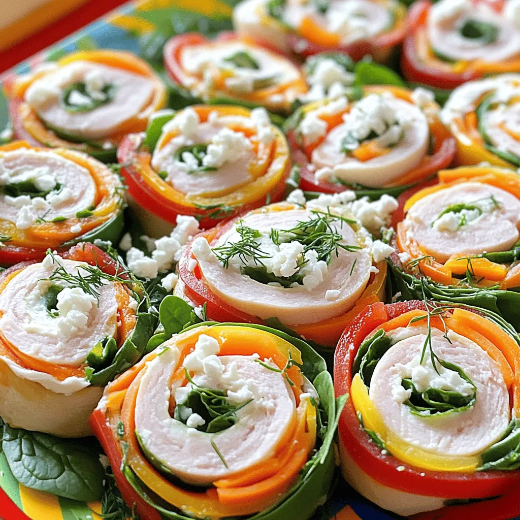 - 4 große Tortillas (Mehl oder Vollkorn) - 200g Frischkäse, weich - 150g geräucherter Truthahn, dünn geschnitten - 100g Spinatblätter - 1 rote Paprika, dünn geschnitten - 1 Karotte, gerieben - 50g Feta-Käse, zerbröckelt - 1 Teelöffel Knoblauchpulver - Salz und Pfeffer nach Geschmack - Frische Kräuter (wie Dill oder Schnittlauch) zur Garnitur