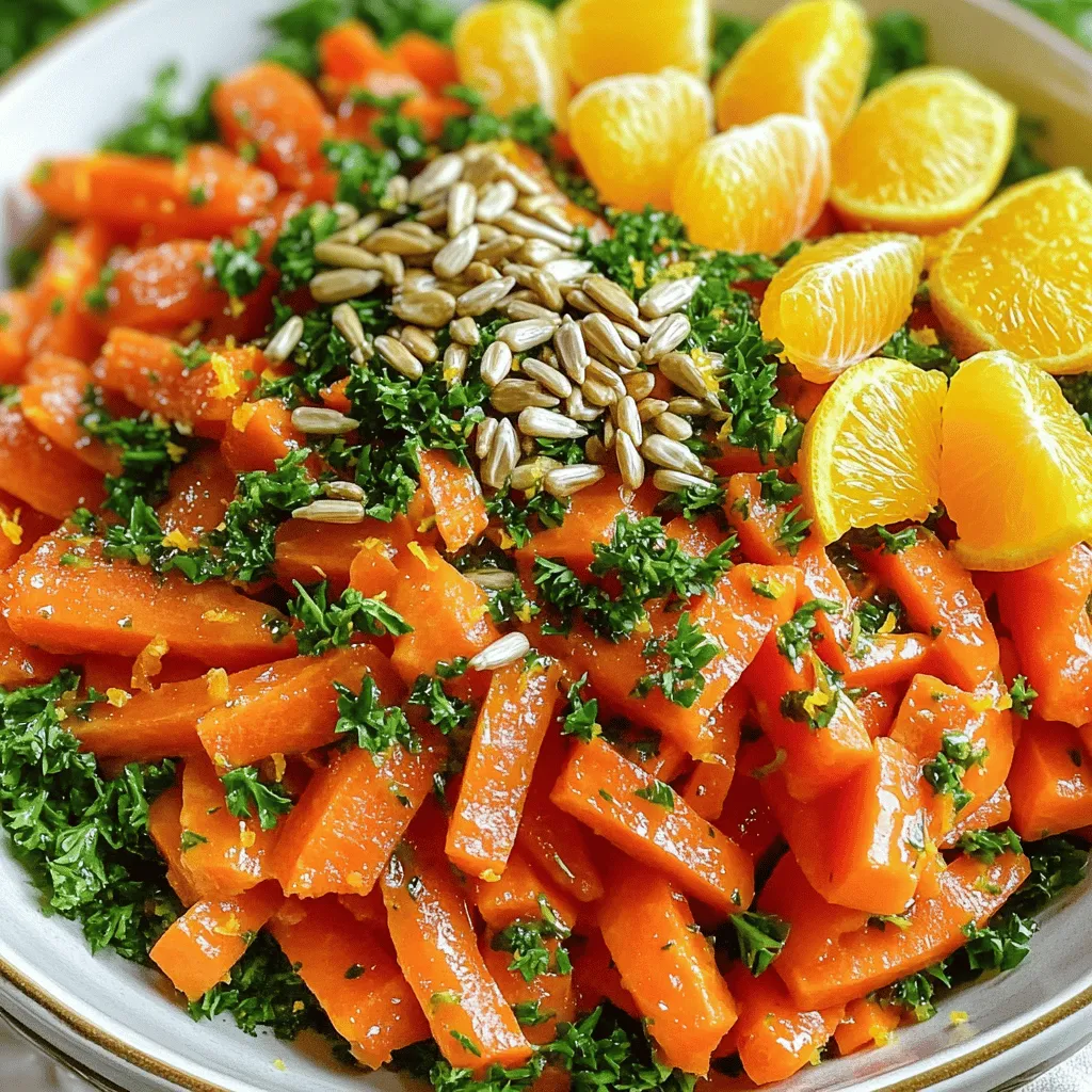 - 4 große Karotten, geschält und grob geraspelt - 1 Orange, filetierte Abschnitte und Saft gesammelt - 1/2 Zitrone, Saft