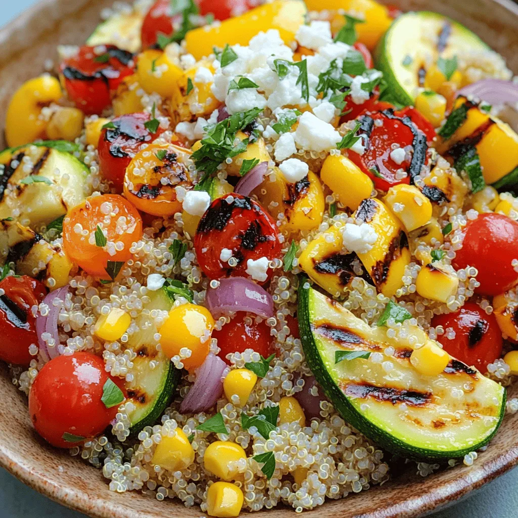 Die Hauptzutaten machen dieses Gericht lecker und nahrhaft. Hier sind die wichtigsten Zutaten: - 1 Tasse Quinoa - 2 Tassen Gemüsebrühe (oder Wasser) - 1 Zucchini, in Scheiben geschnitten - 1 Paprika (rot oder gelb), gewürfelt - 1 kleine rote Zwiebel, in Ringe geschnitten - 1 Tasse Kirschtomaten, halbiert - 1 Tasse Maiskörner (frisch oder gefroren) Diese Zutaten bieten eine bunte Mischung aus Texturen und Geschmäckern. Quinoa liefert Protein und Ballaststoffe. Das Gemüse bringt viele Vitamine. Die Gewürze und Öle geben dem Salat seinen besonderen Geschmack: - 3 Esslöffel Olivenöl - 1 Teelöffel geräuchertes Paprika-Pulver - 1 Teelöffel Knoblauchpulver - Salz und Pfeffer nach Geschmack - Saft von 1 Zitrone Olivenöl sorgt für gesunde Fette. Geräuchertes Paprika-Pulver fügt einen rauchigen Geschmack hinzu. Der Zitronensaft bringt Frische. Um den Salat noch abwechslungsreicher zu machen, kannst du folgende Zutaten hinzufügen: - 1/4 Tasse frische Petersilie, gehackt - 1/4 Tasse Feta-Käse, zerbröselt (optional) Die Petersilie gibt einen frischen Kick. Feta-Käse sorgt für Cremigkeit und einen salzigen Geschmack. Du kannst die Zutaten nach deinem Geschmack variieren.Zuerst spüle ich 1 Tasse Quinoa gründlich unter kaltem Wasser ab. Das entfernt Bitterstoffe. Dann gebe ich die Quinoa mit 2 Tassen Gemüsebrühe in einen Topf. Ich bringe die Mischung zum Kochen. Danach senke ich die Hitze und decke den Topf ab. Ich lasse die Quinoa etwa 15 Minuten köcheln. Wenn die Flüssigkeit aufgesogen ist, nehme ich den Topf vom Herd. Nach 5 Minuten Ruhezeit lockere ich die Quinoa mit einer Gabel auf. Während die Quinoa kocht, heize ich den Grill auf mittelhohe Temperatur vor. So ist er bereit, wenn das Gemüse mariniert ist. Ein heißer Grill sorgt für schöne Grillstreifen und ein tolles Aroma. In einer großen Schüssel kombiniere ich die geschnittene Zucchini, gewürfelte Paprika, Zwiebelscheiben, halbierte Kirschtomaten und Maiskörner. Ich beträufle das Gemüse mit 2 Esslöffeln Olivenöl. Dann füge ich das geräucherte Paprika-Pulver, Knoblauchpulver, Salz und Pfeffer hinzu. Ich vermische alles gut, damit das Gemüse gleichmäßig gewürzt ist. Anschließend lege ich das Gemüse direkt auf den Grill. Ich grille es etwa 5-7 Minuten auf jeder Seite. Wenn das Gemüse zart ist und Grillstreifen hat, nehme ich es vom Grill und lasse es kurz abkühlen. In einer großen Rührschüssel kombiniere ich die gekochte Quinoa mit dem gegrillten Gemüse. Ich füge den restlichen Esslöffel Olivenöl, den Zitronensaft und die gehackte Petersilie hinzu. Ich mische alles vorsichtig, bis es gleichmäßig verteilt ist. Falls ich Feta verwenden möchte, streue ich ihn darüber. So bekomme ich eine cremige Note. Ich kann den Salat warm genießen oder für 30 Minuten in den Kühlschrank stellen. So wird er schön frisch.Grillen macht Gemüse lecker und gesund. Verwenden Sie einen direkten Grill. Stellen Sie die Hitze auf mittelhoch. Legen Sie das Gemüse auf den Grill, wenn er heiß ist. Verwenden Sie eine Grillmatte, um das Ankleben zu verhindern. Grillen Sie das Gemüse gleichmäßig, damit es schön wird. Wenden Sie das Gemüse nach ein paar Minuten. So bleibt es saftig und bekommt schöne Grillstreifen. Quinoa ist einfach zu kochen. Beginnen Sie mit 1 Tasse Quinoa. Spülen Sie die Quinoa gründlich ab. Das entfernt Bitterstoffe. Fügen Sie 2 Tassen Gemüsebrühe oder Wasser in einen Topf. Bringen Sie es zum Kochen. Reduzieren Sie die Hitze und decken Sie den Topf ab. Lassen Sie die Quinoa 15 Minuten köcheln. Nach dem Kochen lassen Sie die Quinoa 5 Minuten ruhen. Lockern Sie sie mit einer Gabel auf. Die Präsentation Ihres Salats zählt. Verwenden Sie eine große, flache Schüssel für den Salat. Legen Sie die Quinoa zuerst hinein. Dann fügen Sie das gegrillte Gemüse hinzu. Stellen Sie sicher, dass die Farben gut sichtbar sind. Streuen Sie frische Petersilie und Feta darauf. Ein Spritzer Zitronensaft bringt Frische. Servieren Sie den Salat warm oder kalt. So sieht Ihr Gericht toll aus und schmeckt noch besser.{{image_4}} Um deinen Gegrillten Gemüse-Quinoa-Salat aufzupeppen, kannst du verschiedene Gemüsesorten verwenden. Probiere Auberginen, Spargel oder Brokkoli. Diese Gemüse bringen unterschiedliche Texturen und Geschmäcker in den Salat. Du kannst auch saisonales Gemüse nutzen, um Frische und Vielfalt zu bieten. Ein Tipp: Röste das Gemüse leicht, damit es süßer wird. Möchtest du mehr Proteine hinzufügen? Bohnen sind eine großartige Wahl. Kidneybohnen oder schwarze Bohnen passen wunderbar. Sie fügen nicht nur Geschmack hinzu, sondern auch Nährstoffe. Tofu ist eine weitere Option. Er nimmt den Geschmack der Gewürze gut auf. Du kannst ihn marinieren und dann grillen, um einen rauchigen Geschmack zu erzielen. Die Wahl des Dressings macht viel aus. Ein einfaches Zitronen-Olivenöl-Dressing passt gut. Du kannst auch Balsamico oder Tahini verwenden. Diese Dressings bringen neue Aromen in den Salat. Experimentiere auch mit frischen Kräutern wie Basilikum oder Minze. Sie verleihen dem Salat ein frisches Aroma und Farbe.Um den Gegrillten Gemüse-Quinoa-Salat frisch zu halten, verwenden Sie einen luftdichten Behälter. Achten Sie darauf, dass die Salatzutaten gut abgekühlt sind, bevor Sie sie lagern. Lagern Sie den Salat im Kühlschrank. So bleibt er knackig und lecker. Im Kühlschrank hält sich der Salat bis zu drei Tage. Nach dieser Zeit kann das Gemüse weich werden. Der Geschmack bleibt jedoch bei richtiger Lagerung gut. Überprüfen Sie regelmäßig, ob der Salat noch frisch aussieht und riecht. Das Einfrieren von Quinoa-Salat ist möglich, aber nicht ideal. Das Gemüse kann nach dem Auftauen matschig werden. Wenn Sie Reste einfrieren möchten, trennen Sie das Gemüse von der Quinoa. So bleibt die Quinoa besser. Verwenden Sie einen gefrierfesten Behälter. Lassen Sie genug Platz für die Ausdehnung. Zum Auftauen einfach über Nacht im Kühlschrank lagern. Um Quinoa fluffig zu machen, spülen Sie es gut ab. Dies entfernt die Bitterstoffe. Kochen Sie die Quinoa dann in Gemüsebrühe, um mehr Geschmack zu bekommen. Lassen Sie die Quinoa nach dem Kochen 5 Minuten ruhen. Danach lockern Sie sie mit einer Gabel auf. So wird die Quinoa schön locker und leicht. Ja, Sie können das Gemüse auch im Ofen rösten. Heizen Sie den Ofen auf 200 Grad Celsius vor. Legen Sie das Gemüse auf ein Backblech und beträufeln Sie es mit Olivenöl. Würzen Sie es nach Geschmack. Rösten Sie das Gemüse für etwa 20-25 Minuten. Achten Sie darauf, dass es zart und leicht gebräunt ist. Dies gibt dem Gemüse einen tollen Geschmack. Ja, dieser Salat ist vegan, wenn Sie den Feta-Käse weglassen. Alle anderen Zutaten sind pflanzlich. Sie können den Feta durch eine vegane Käse-Alternative ersetzen, wenn Sie möchten. So bleibt der Salat gesund und vegan-freundlich. Genießen Sie den frischen Geschmack und die Vielfalt der Zutaten in diesem Gericht.Der Gegrillte Gemüse-Quinoa-Salat ist einfach zuzubereiten. Zuerst haben wir die Hauptzutaten und optionalen Zusätze besprochen. Dann haben wir den Grillprozess und die Präsentation erklärt. Ich teile auch Tipps zur perfekten Grillmethode und zur Quinoa-Zubereitung. Denke daran, dass du bei der Zutatenwahl kreativ sein kannst. Variationen helfen dir, den Salat immer wieder neu zu gestalten. Schließlich zeige ich, wie du Reste lagern und aufbewahren kannst. Probiere es aus und entdecke deinen Lieblingsgeschmack!