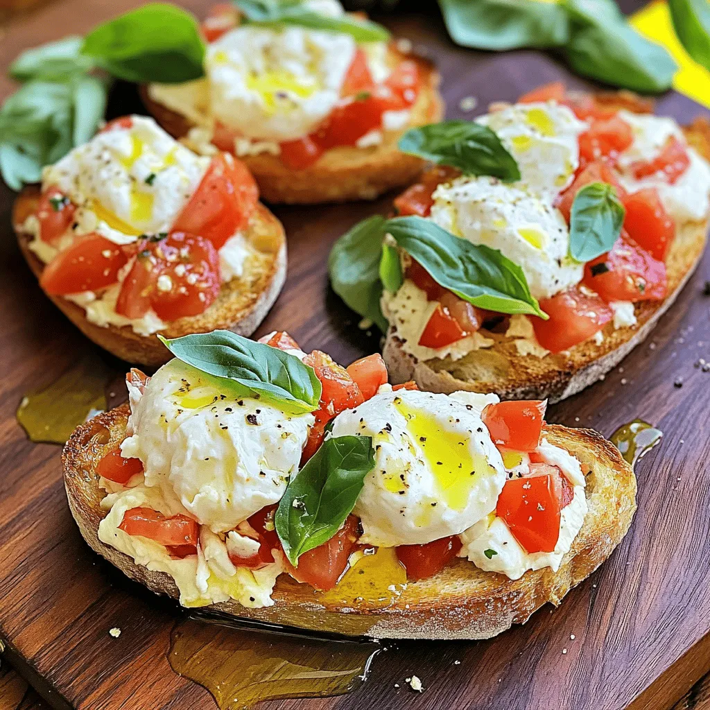 Für Burrata Bruschetta brauchen wir frische und einfache Zutaten. Hier sind die Hauptzutaten, die du benötigst: - 200g Burrata-Käse - 1 Baguette oder Ciabatta, in Scheiben geschnitten - 2 große, reife Tomaten, gewürfelt - 1/4 Tasse frisches Basilikum, grob gehackt - 1 Knoblauchzehe, halbiert - 3 Esslöffel Olivenöl - 1 Esslöffel Balsamico-Essig - Salz und Pfeffer nach Geschmack - Frisch gemahlener schwarzer Pfeffer zur Garnierung