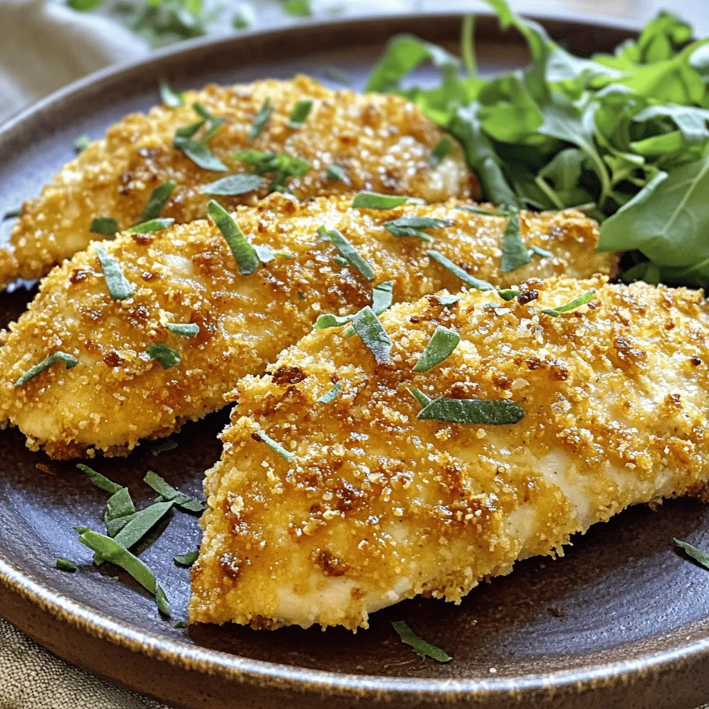 - 4 Hähnchenbrustfilets (à ca. 150 g) - 1 Tasse frische Semmelbrösel - 1/2 Tasse frisch geriebener Parmesan - 1/4 Tasse Allzweckmehl - 2 große Eier - 2 Esslöffel Dijon-Senf - 1 Teelöffel Knoblauchpulver - 1 Teelöffel Zwiebelpulver - 1 Teelöffel italienische Kräuter (getrocknet) - 1/2 Teelöffel Salz - 1/2 Teelöffel Pfeffer - 1/4 Tasse Olivenöl
