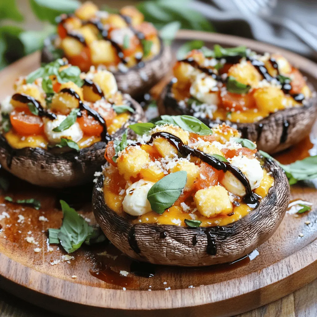 - 4 große Portobello-Pilze - 200 g frischer Mozzarella, gewürfelt - 2 große Tomaten, gewürfelt - 1 Bund frisches Basilikum, grob gehackt