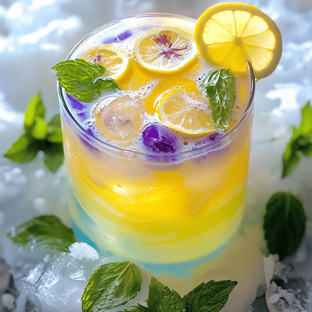 Um die Farbwechsel-Limonade zu machen, brauchst du einige frische Zutaten. Du benötigst 1 Tasse frischen Zitronensaft. Das sind ungefähr 4 bis 6 Zitronen. Honig oder Agavendicksaft ist auch wichtig. Du brauchst 1/2 Tasse davon. Außerdem sind 4 Tassen kaltes Wasser nötig. Für die Farbe verwenden wir 1/4 Tasse getrocknete Schmetterlingserbsenblüten. Und vergiss die Eiswürfel nicht!