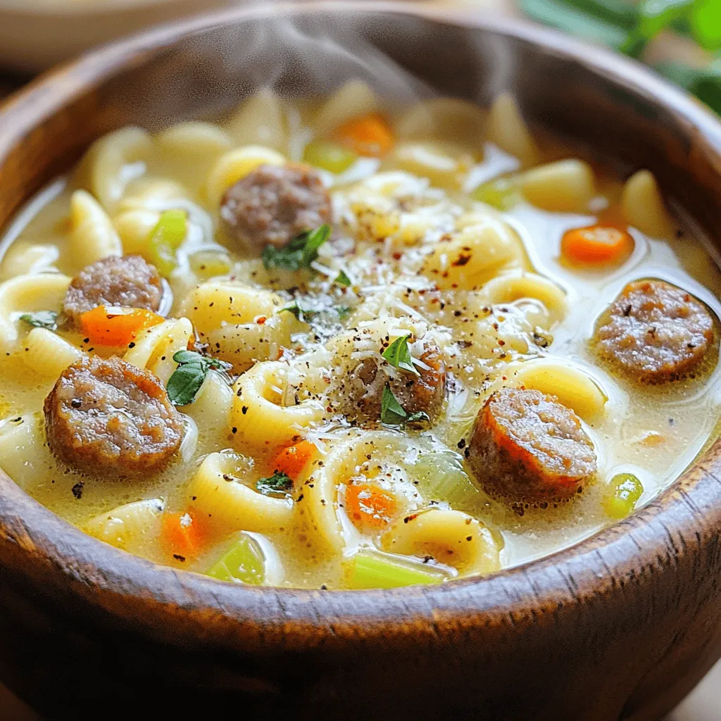 - 200 g italienische Wurst (frisch, grob gewürzt), ohne Haut - 2 EL Olivenöl - 1 Zwiebel, gewürfelt - 2 Karotten, gewürfelt - 2 Stangen Sellerie, gewürfelt - 4 Knoblauchzehen, gehackt - 1 Liter Gemüsebrühe - 200 g Ditalini-Nudeln - 200 ml Sahne - 100 g frisch geriebener Parmesan