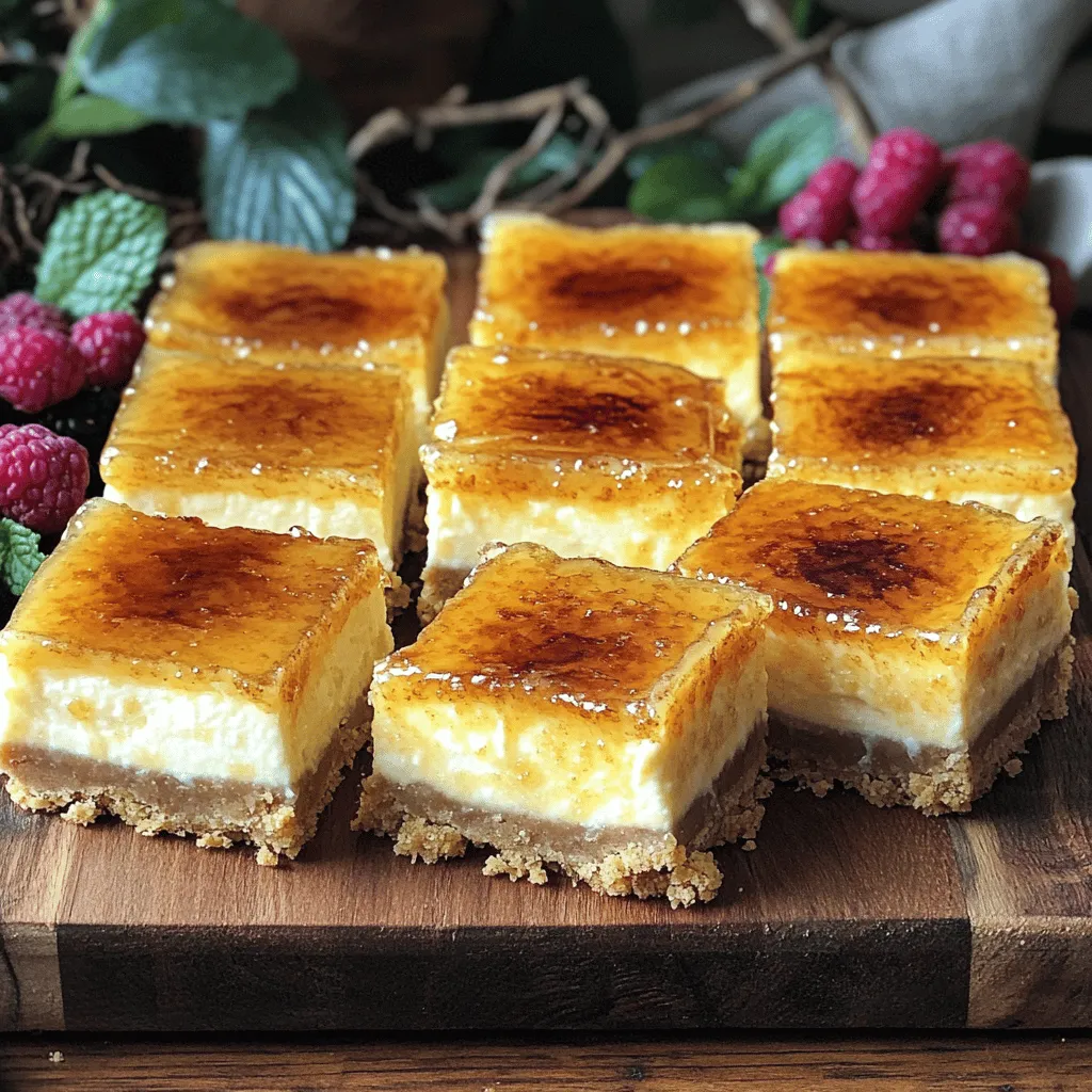 Für Crème Brûlée Cheesecake Bars brauchst du einige einfache Zutaten. Du benötigst 250 g Mandelkekse, 70 g geschmolzene Butter, 400 g Frischkäse, 100 g Zucker, 3 große Eier, 250 g saure Sahne, 2 TL Vanilleextrakt, 1 TL Zitronensaft und 50 g braunen Zucker. Diese Zutaten machen das Dessert besonders lecker.