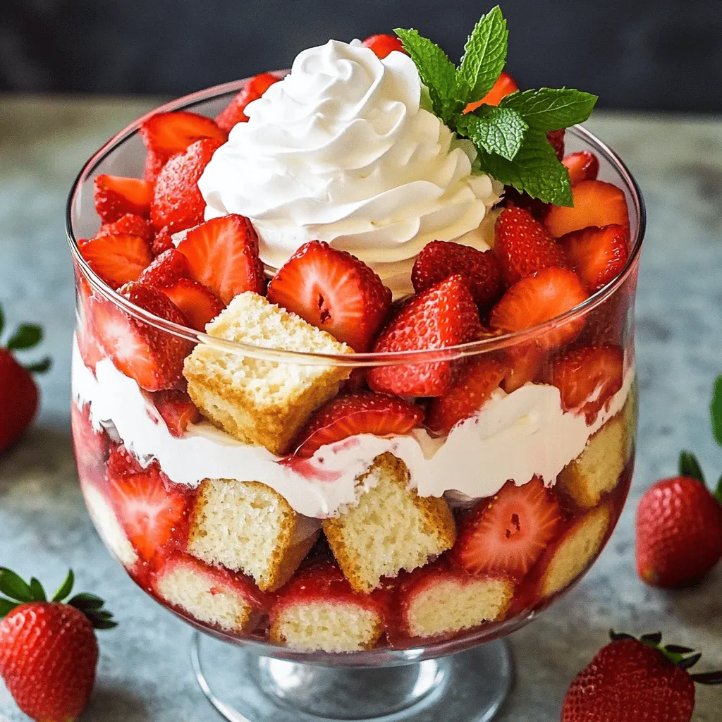 Für ein leckeres Erdbeer-Shortcake-Trifle brauchst du einige einfache Zutaten. Hier sind die Hauptzutaten: - 2 Tassen frische Erdbeeren, geputzt und in Scheiben geschnitten - 2 Esslöffel Kristallzucker - 1 Teelöffel Vanilleextrakt - 1 im Laden gekauftes Poundcake oder Schwammkuchen, in 2,5 cm große Würfel geschnitten - 2 Tassen Schlagsahne - 1/4 Tasse Puderzucker - 1 Teelöffel Vanilleextrakt - Frische Minzblätter zur Garnierung (optional) Diese Zutaten machen das Trifle frisch und lecker. Du kannst sie leicht finden und sie sind perfekt für diesen Nachtisch. Die Wahl der Erdbeeren ist wichtig. Du willst die besten Erdbeeren für dein Trifle. Hier sind einige Tipps: - Achte auf die Farbe: Wähle rote und glänzende Erdbeeren. - Prüfe die Festigkeit: Sie sollten fest, aber leicht druckbar sein. - Rieche daran: Reife Erdbeeren duften süß. - Kaufe nach Saison: Frische Erdbeeren sind im Sommer am besten. Mit diesen Tipps bekommst du die besten Erdbeeren, die deinem Trifle den perfekten Geschmack geben. Manchmal hast du keine Zeit oder Lust auf die klassischen Zutaten. Hier sind ein paar Alternativen: - Statt Poundcake kannst du auch Biskuit oder Kekse verwenden. - Wenn du keine Sahne magst, probiere griechischen Joghurt. - Anstelle von Erdbeeren kannst du Himbeeren oder Blaubeeren nehmen. Diese Alternativen machen dein Trifle trotzdem lecker und spannend. Du kannst kreativ sein und neue Geschmäcker entdecken.Um die Erdbeeren vorzubereiten, beginne mit zwei Tassen frischen Erdbeeren. Putze sie gründlich und schneide sie in Scheiben. Gib die geschnittenen Erdbeeren in eine mittelgroße Schüssel. Füge dann zwei Esslöffel Kristallzucker hinzu. Rühre vorsichtig, bis der Zucker gleichmäßig verteilt ist. Lass die Mischung für 15 bis 20 Minuten stehen. Während dieser Zeit geben die Erdbeeren ihren Saft ab. Dieser Saft wird süß sein und hilft, den Geschmack zu intensivieren. Für die Sahne nimm eine separate Schüssel. Gib zwei Tassen Schlagsahne hinein. Füge ein Viertel Tasse Puderzucker und einen Teelöffel Vanilleextrakt hinzu. Schlage die Mischung mit einem Handmixer oder Schneebesen, bis sie steif ist. Achte darauf, die Sahne nicht zu lange zu schlagen, sonst wird sie butterartig. Die Sahne sollte weiche Spitzen bilden. Jetzt ist es Zeit, das Trifle zu schichten. Nimm eine große Glas-Trifle-Schüssel oder einzelne Dessertbecher. Beginne mit einer Schicht von den Würfeln des Poundcakes. Lege sie gleichmäßig auf den Boden. Füge darauf eine Schicht der macerierten Erdbeeren hinzu. Danach kommt eine Schicht der Schlagsahne. Wiederhole diesen Vorgang, bis die Schüssel oder Becher voll sind. Beende mit einer großzügigen Schicht Schlagsahne. Du kannst das Trifle nach Belieben mit Erdbeerscheiben und frischen Minzblättern garnieren. Stelle das Trifle für mindestens 30 Minuten in den Kühlschrank, damit die Aromen sich gut verbinden.Ein häufiger Fehler ist, die Erdbeeren zu früh zu schneiden. Warte, bis du bereit bist, sie zu verwenden. So bleiben sie frisch. Ein weiterer Fehler ist, die Schlagsahne zu lange zu schlagen. Schlage sie nur, bis sie weiche Spitzen hat. Übermäßiges Schlagen macht die Sahne trocken. Achte darauf, den Pudding oder die Sahne nicht zu stark zu vermischen. Dies könnte die Schichten beschädigen. Die Dekoration macht das Trifle lebendig. Beginne mit einer schönen Glasform. Schichte die Zutaten sichtbar. Verwende eine Mischung aus Erdbeeren und Sahne oben auf. Lege frische Minzblätter für einen Farbtupfer dazu. Du kannst auch ein paar Schokoladenspäne oder Essig-Erdbeeren hinzufügen, um den Look zu verbessern. Sei kreativ, aber halte es einfach. Kühle das Trifle vor dem Servieren mindestens 30 Minuten. Dies hilft, die Aromen gut zu verbinden. Stelle sicher, dass dein Kühlschrank nicht zu warm ist. Der perfekte Temperaturbereich liegt bei 4 bis 7 Grad Celsius. Serviere das Trifle bei kühler Temperatur. Das macht den Genuss umso erfrischender. Wenn du es länger aufbewahren musst, achte darauf, es gut abzudecken. So bleibt es frisch und lecker.{{image_4}} Du kannst ein glutenfreies Erdbeer-Shortcake-Trifle zubereiten. Ersetze den Poundcake durch glutenfreie Kuchenwürfel. Achte darauf, dass alle anderen Zutaten ebenfalls glutenfrei sind. Viele Lebensmittelläden bieten glutenfreie Produkte an. So kannst du sicher sein, dass dein Trifle allen schmeckt. Für die vegane Variante brauchst du keine tierischen Produkte. Nutze Kokosnusscreme anstelle von Schlagsahne. Du kannst auch Soja- oder Hafercreme verwenden. Süße die Creme mit Puderzucker, um den Geschmack zu verbessern. Das Ergebnis ist lecker und passt in jede vegane Ernährung. Das Erdbeer-Shortcake-Trifle ist vielseitig. Probiere andere Früchte wie Himbeeren oder Pfirsiche. Du kannst auch eine Mischung aus verschiedenen Früchten verwenden. Achte darauf, die Früchte süß genug zu wählen. So bleibt der Geschmack frisch und fruchtig. Experimentiere mit verschiedenen Kombinationen für mehr Spaß beim Essen.Um dein Erdbeer-Shortcake-Trifle frisch zu halten, lagere es in einem luftdichten Behälter. Das schützt vor Feuchtigkeit und Gerüchen. Wenn du Reste hast, decke sie gut ab. So bleibt der Geschmack erhalten. Vermeide es, das Trifle zu lange bei Raumtemperatur zu lassen. Kühl lagern ist der Schlüssel. Im Kühlschrank hält sich dein Trifle etwa 2 bis 3 Tage. Die Erdbeeren bleiben frisch, solange sie gut lagern. Die Schlagsahne kann jedoch nach ein paar Tagen wässrig werden. Wenn du es also länger genießen möchtest, iss die Reste schnell. Achte darauf, das Trifle vor dem Servieren kurz auf Raumtemperatur zu bringen. So kommt der Geschmack besser zur Geltung. Hast du noch Erdbeeren oder Schlagsahne übrig? Nutze sie für einen anderen Snack! Erdbeeren kannst du in Joghurt mischen oder in einem Smoothie verwenden. Schlagsahne eignet sich gut für Kaffee oder frische Früchte. Damit verschwenden wir keine Zutaten und genießen trotzdem leckere Snacks! Du kannst das Erdbeer-Shortcake-Trifle bis zu einen Tag im Voraus zubereiten. Es schmeckt sogar besser, wenn es einige Stunden im Kühlschrank steht. Die Aromen vermischen sich und der Geschmack wird intensiver. Stelle sicher, dass du es gut abdeckst, damit es frisch bleibt. Ja, du kannst gefrorene Erdbeeren verwenden. Achte darauf, sie vorher gut abzutauen und das überschüssige Wasser abzugießen. Gefrorene Erdbeeren sind oft süßer, da sie zur Reifung geerntet werden. Sie können das Trifle jedoch etwas wässriger machen, also sei vorsichtig beim Mischen. Ja, du kannst die einzelnen Schichten im Voraus zubereiten. Mische die Erdbeeren und schlage die Sahne einige Stunden vorher. Lagere die Zutaten getrennt im Kühlschrank. Schichte das Trifle erst kurz vor dem Servieren. So bleibt alles frisch und sieht toll aus.Zusammenfassend haben wir die wichtigsten Zutaten für das Erdbeer-Shortcake-Trifle besprochen. Ich habe dir gezeigt, wie du die besten Erdbeeren auswählst und das Trifle schichtest. Außerdem haben wir Tipps und Variationen für die Zubereitung behandelt. Denk daran, auf die Lagerung zu achten, damit dein Dessert frisch bleibt. Dieses Rezept ist einfach und macht Freude. Experimentiere mit verschiedenen Früchten und genieße das Ergebnis. So machst du dein Trifle ganz besonders!
