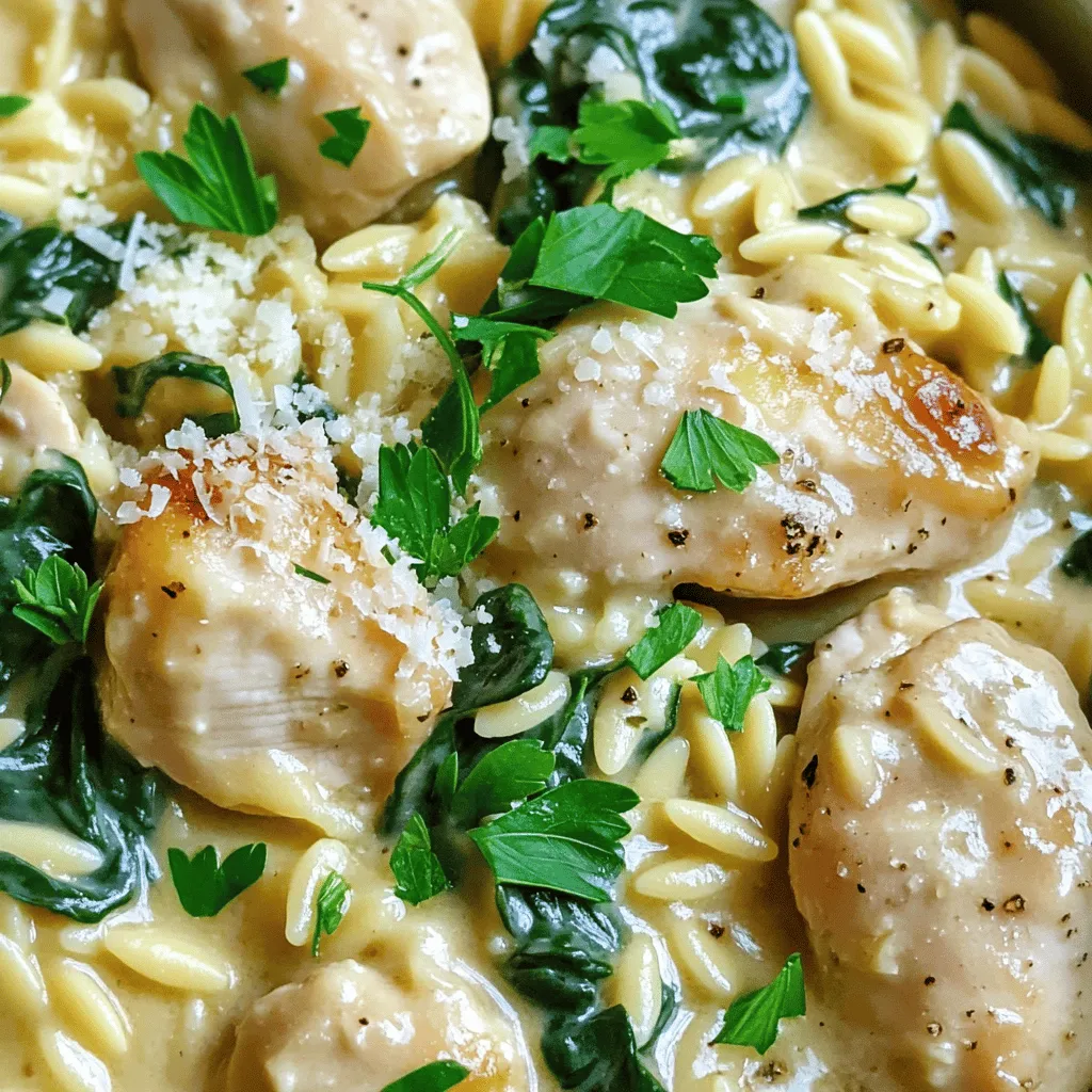 - 500 g Hähnchenbrust, gewürfelt - 200 g Orzo-Nudeln - 4 Knoblauchzehen, fein gehackt - 1 Zwiebel, gewürfelt