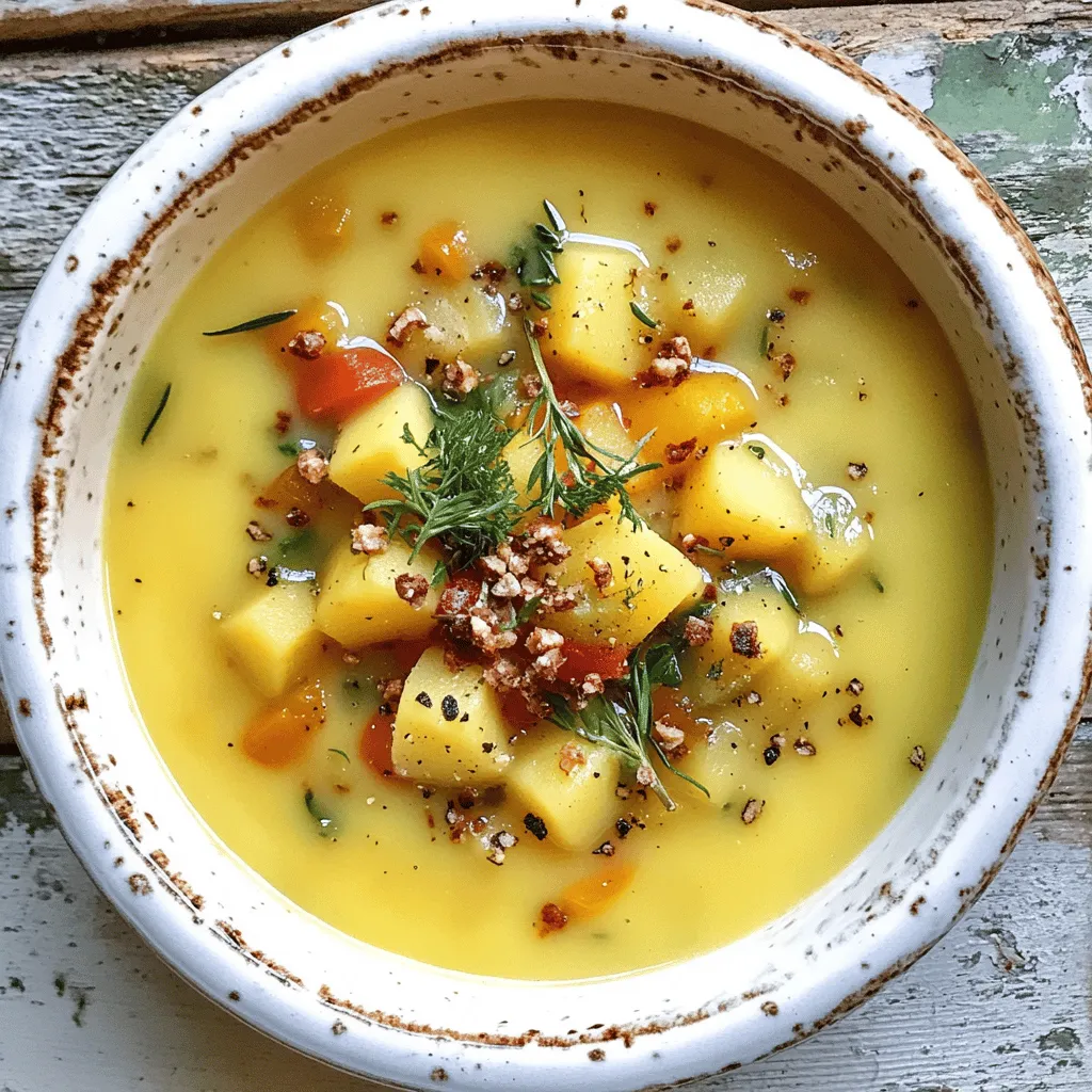 Die Hauptzutaten für die polnische Kartoffelsuppe sind recht einfach. Du benötigst 500 g Kartoffeln, die du schälen und würfeln musst. Eine große Zwiebel ist wichtig, um Geschmack zu bringen. Füge zwei gewürfelte Karotten hinzu und eine Stange Sellerie für mehr Frische. Knoblauch ist ein Muss – drei Zehen, gehackt, bringen eine tolle Note.