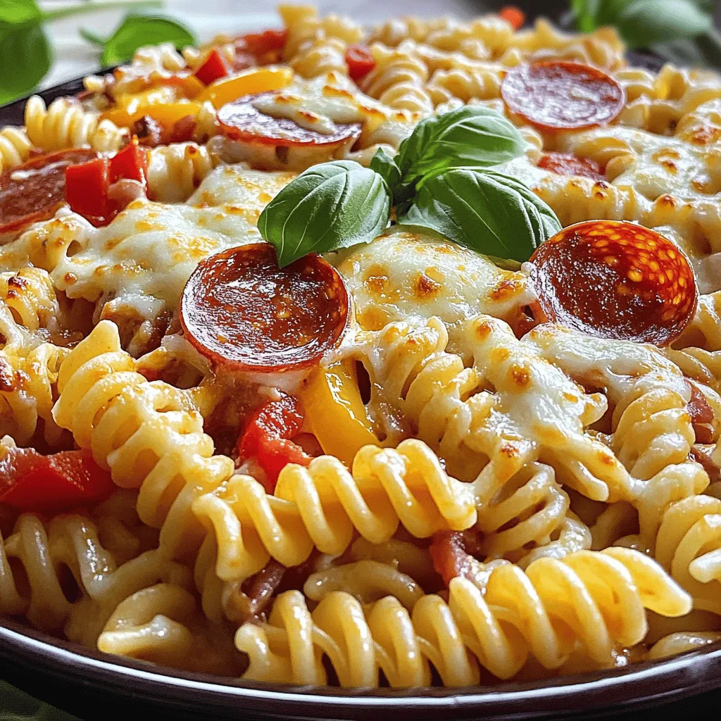 Um das Cheesy Butter Pizza Pasta Rezept zuzubereiten, benötige ich einige frische Zutaten. Ich benutze 250g Fusilli oder Penne Pasta. Dann brauche ich 4 Esslöffel Butter, 2 Knoblauchzehen, 1 Teelöffel italienische Gewürzmischung und 200g frischen Mozzarella. 100g geriebener Parmesan, 1 Dose gehackte Tomaten, 1 Paprika, 1 kleine Zwiebel und 100g Peperoni oder Salami sind auch wichtig. Schließlich garnieren wir das Gericht mit frischem Basilikum.