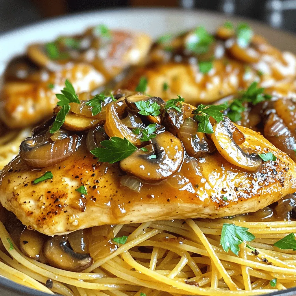 - 4 Hähnchenbrustfilets - 250 g Champignons - 1 mittelgroße Zwiebel