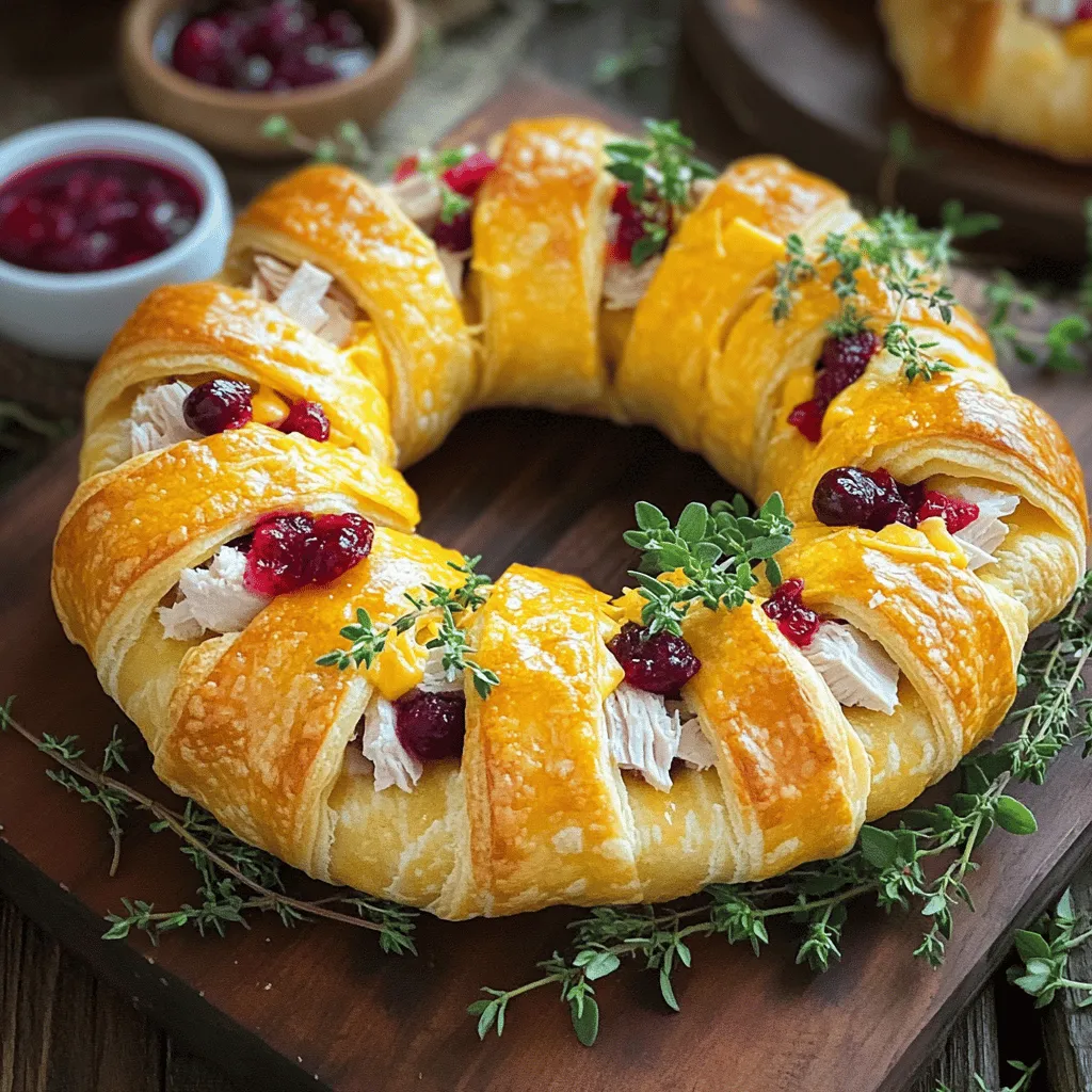 Um den herzhaften Truthahn-Cranberry-Crescent-Ring zuzubereiten, beginnen wir mit den Zutaten. Sie benötigen eine Rolle Pizzateig, gekochtes Truthahnfleisch, Cranberrysauce, Frischkäse, Thymian, Knoblauch- und Zwiebelpulver, geriebenen Cheddar-Käse sowie ein Ei. Stellen Sie auch Salz und Pfeffer bereit. Diese Zutaten machen das Rezept für gefüllte Croissants besonders lecker.