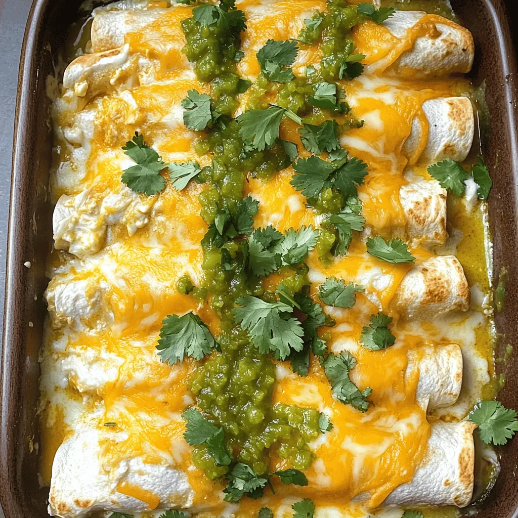 Die Hauptzutaten machen dieses Rezept einfach und lecker. Hier ist, was du brauchst: - 2 Tassen gekochtes Hühnerfleisch, zerrissen - 1 Tasse Frischkäse - 1 Tasse saure Sahne - 1 Tasse geriebener Monterrey Jack Käse - 1 Tasse geriebener Cheddar Käse - 1 kleine Zwiebel, gewürfelt - 2 Knoblauchzehen, gehackt - 1 Teelöffel Kreuzkümmel - 1 Teelöffel Paprikapulver - 1/2 Teelöffel Salz - 8 Tortillas (klein oder mittel) - 1 Tasse Hühnerbrühe - 1/2 Tasse grüne Salsa - Frischer Koriander zur Garnierung