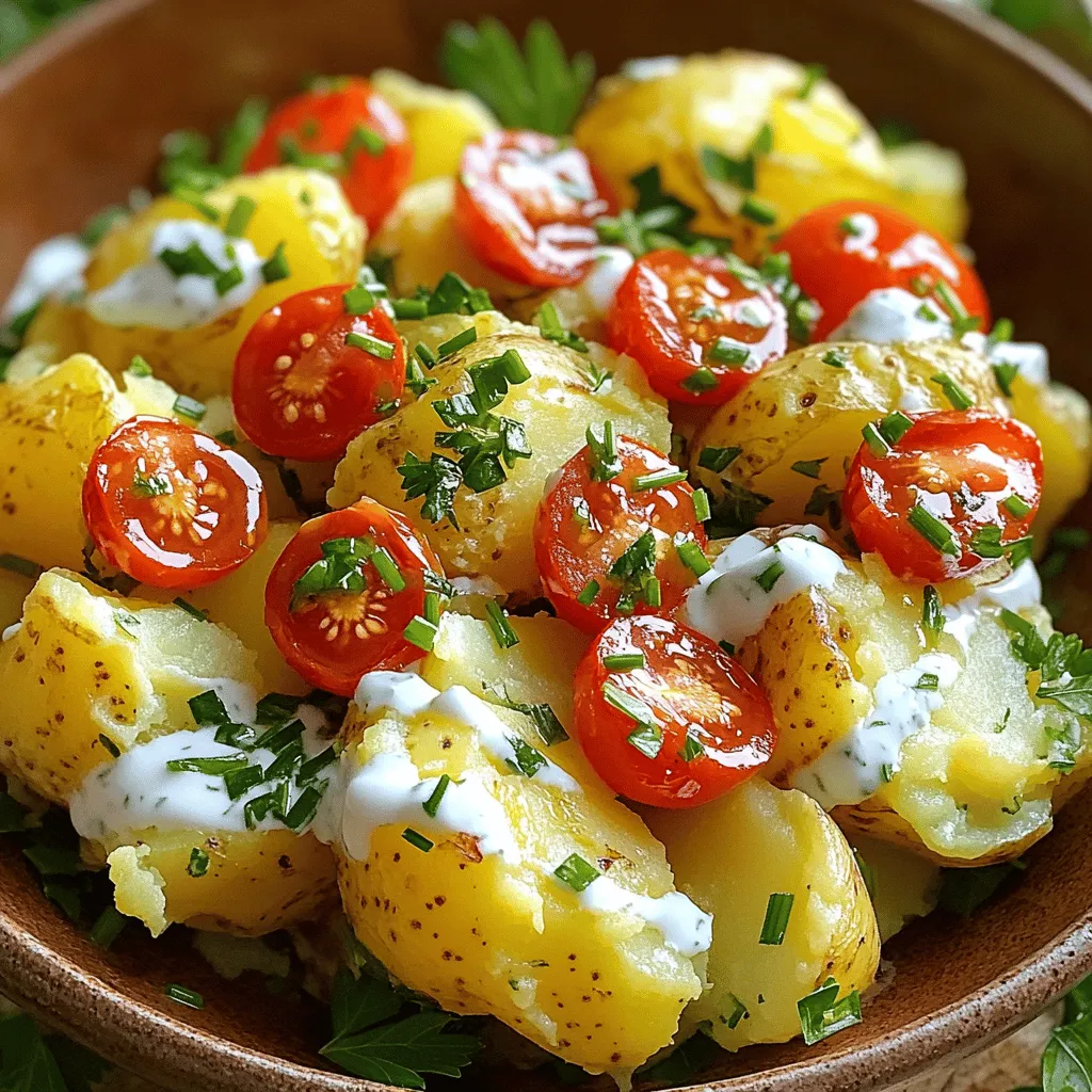 Um einen Crispy Herb Smashed Potato Salad zuzubereiten, benötigen Sie einige frische Zutaten. Die Hauptzutat sind kleine festkochende Kartoffeln. Diese Kartoffeln geben dem Salat eine tolle Textur. Außerdem brauchen Sie Olivenöl, Meersalz, schwarzen Pfeffer und Knoblauch. Frische Kräuter wie Petersilie und Schnittlauch bringen Geschmack. Für das Dressing verwenden wir griechischen Joghurt, Dijon-Senf und frischen Zitronensaft. Rote Zwiebeln und Kirschtomaten runden das Gericht ab.