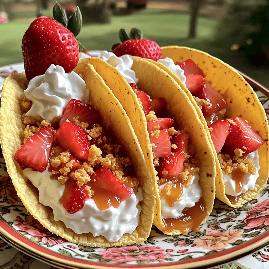 Um die besten Erdbeer-Crunch-Cheesecake-Tacos zu machen, benötigst du folgende Hauptzutaten: - 1 ½ Tassen Graham-Cracker-Brösel - ¼ Tasse brauner Zucker - ½ Tasse Butter, geschmolzen - 8 oz Frischkäse, weich - ½ Tasse Zucker - 1 Teelöffel Vanilleextrakt - 1 Tasse Schlagsahne, geschlagen - 2 Tassen frische Erdbeeren, gewürfelt - ½ Tasse zerstoßenen Karamell oder Crunch-Topping