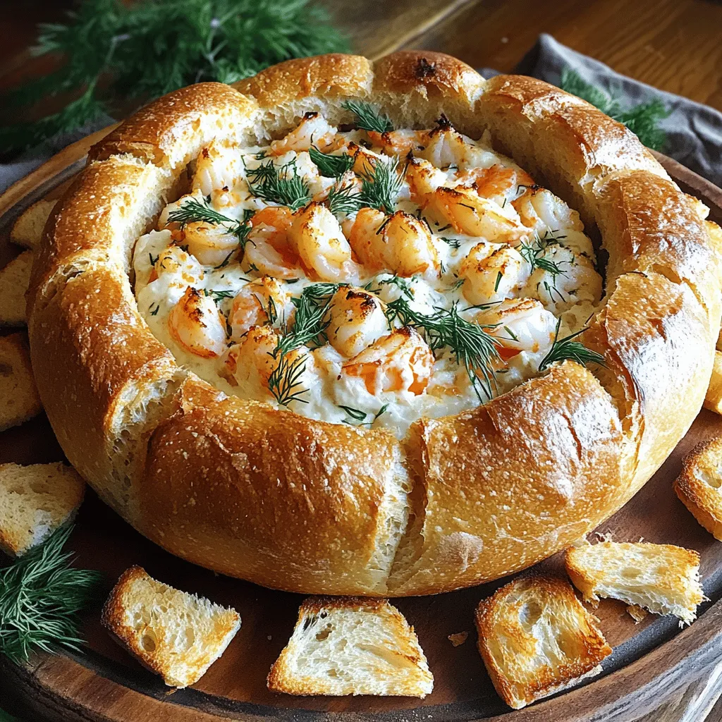 - 1 großes rundes Sauerteigbrot - 200g Garnelen, geschält und entdarmt - 200g Krabbenfleisch, aus der Dose oder frisch - 100g Frischkäse, weich - 50g geriebener Mozzarella - 1 kleine Zwiebel, fein gehackt - 2 Knoblauchzehen, gehackt - 1 Esslöffel frischer Dill, gehackt - 1 Esslöffel frische Petersilie, gehackt - 1 Esslöffel Zitronensaft - Salz und Pfeffer nach Geschmack - Olivenöl zum Anbraten