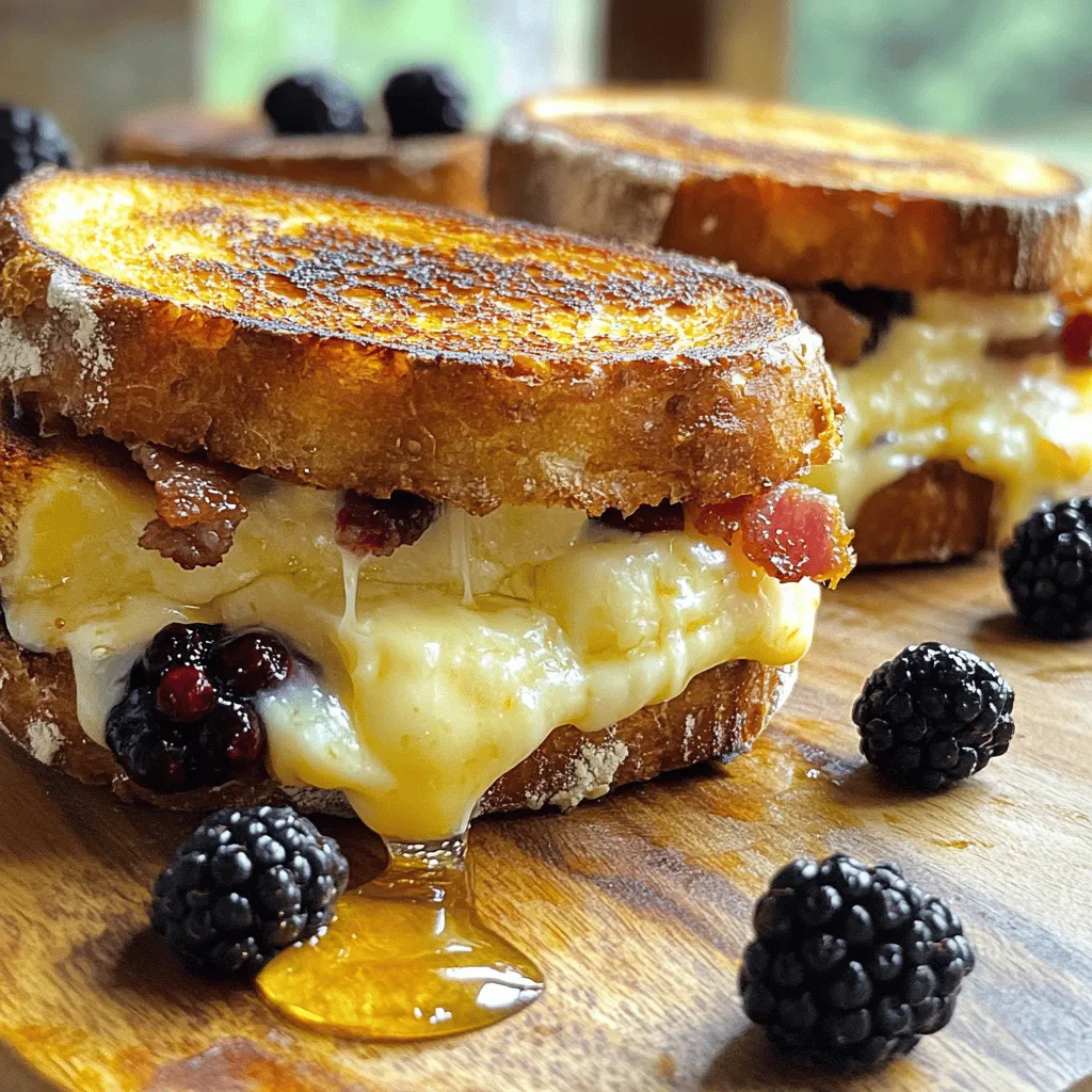 - 4 Scheiben Sourdough-Brot - 150g Brie-Käse, in Scheiben - 4-6 Streifen gekochter Bacon, gehackt - 1/2 Tasse frische Schwarzbeeren