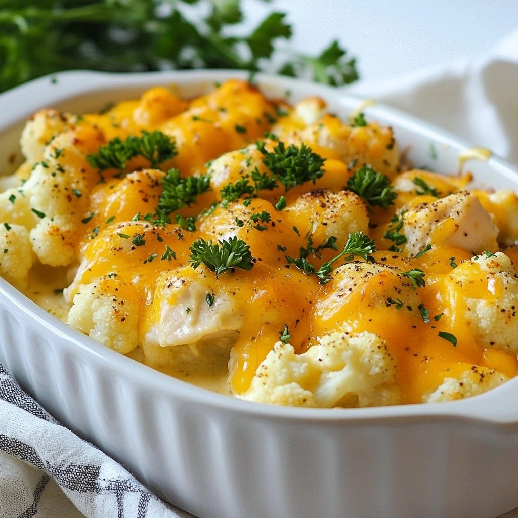 Einfaches Keto Hähnchen und Blumenkohl Auflauf